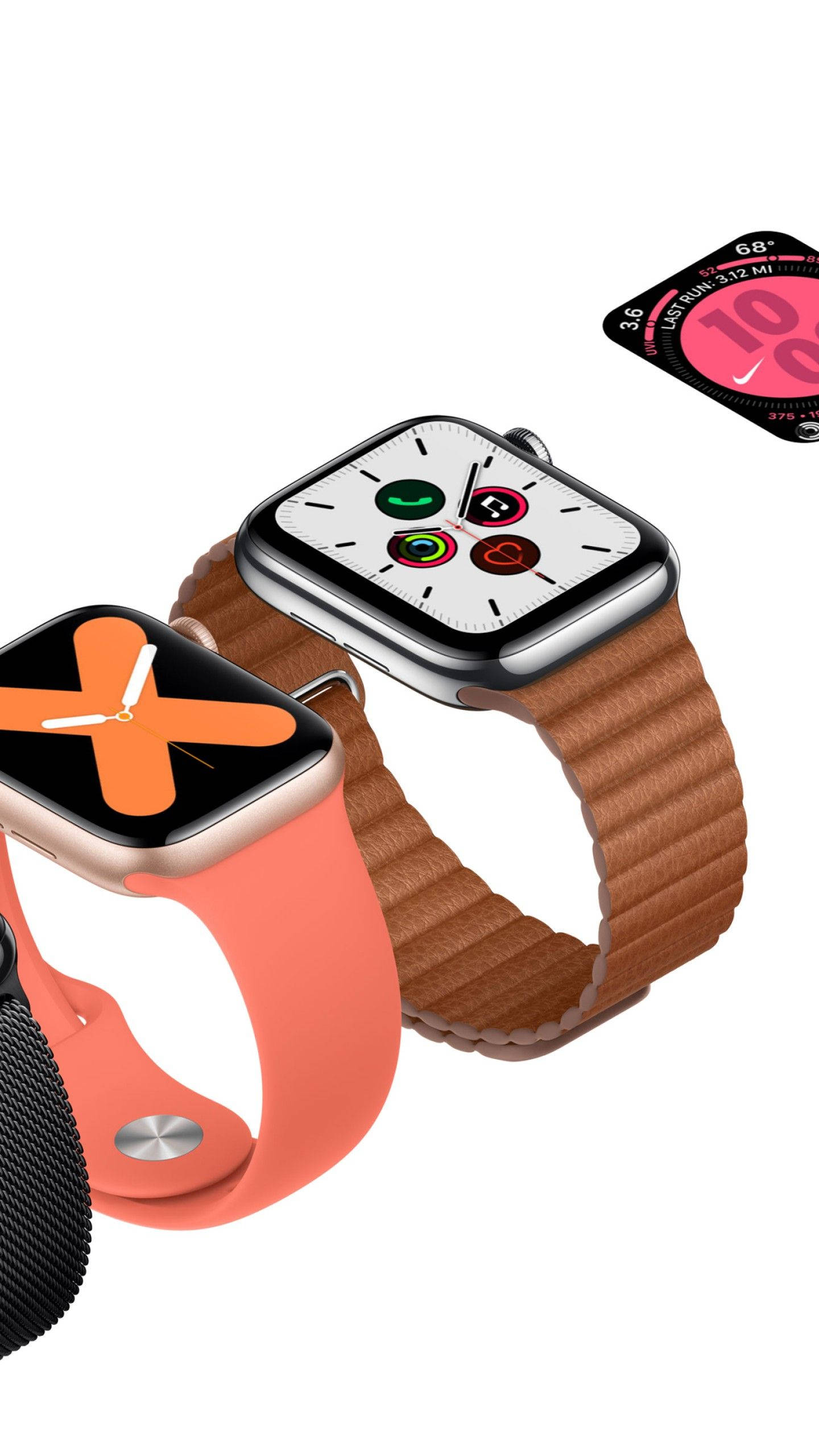 Apple Watch 動態 桌布 壁紙 — 三隻Apple Watch，配有色彩繽紛的錶帶和獨特的數位錶面，漂浮在潔白的背景上。