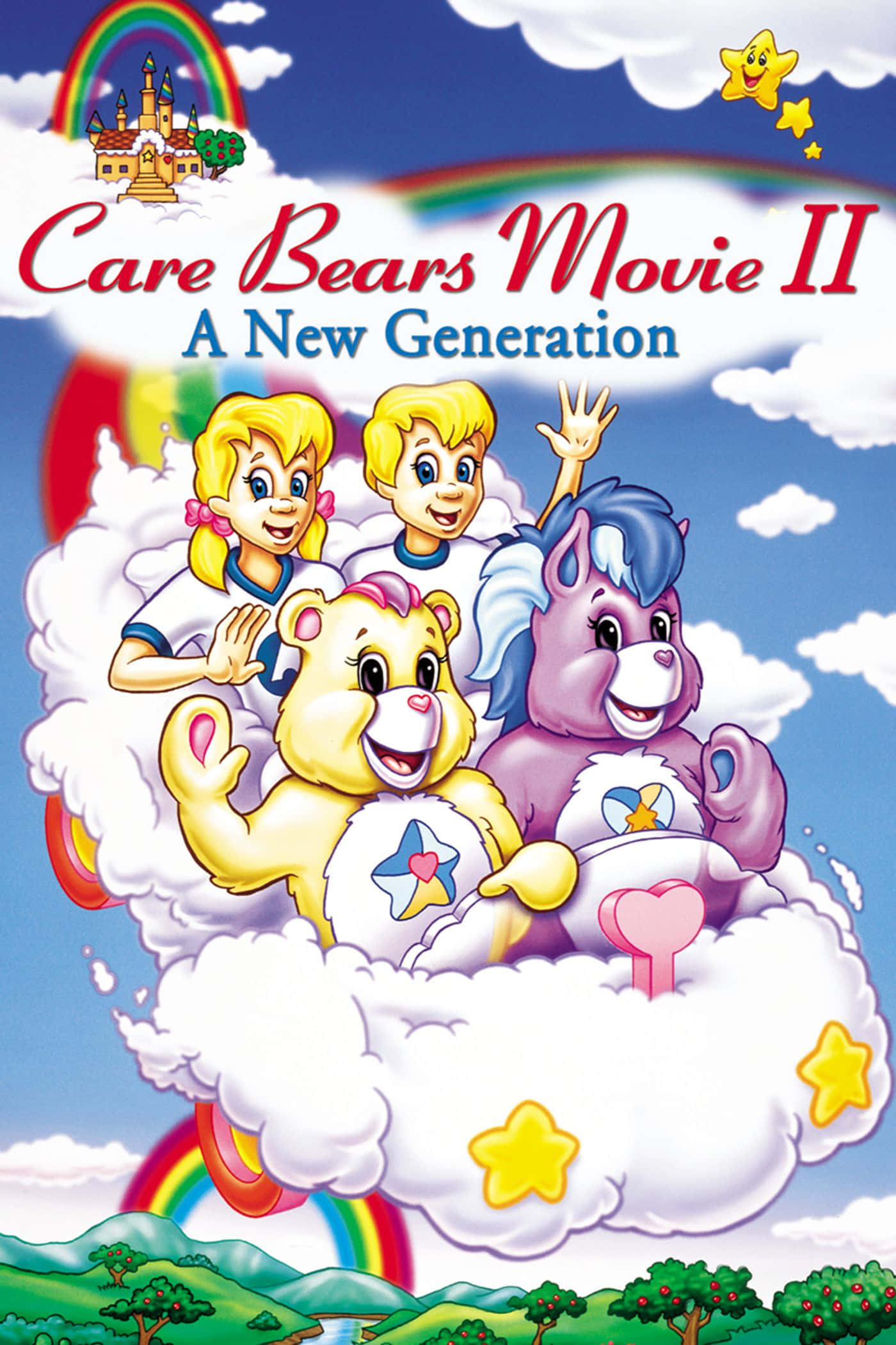 彩虹熊 桌布 壁紙 — 三隻Care Bears和兩個孩子在充滿活力的彩虹天空下，從蓬鬆的雲朵上快樂地揮手。