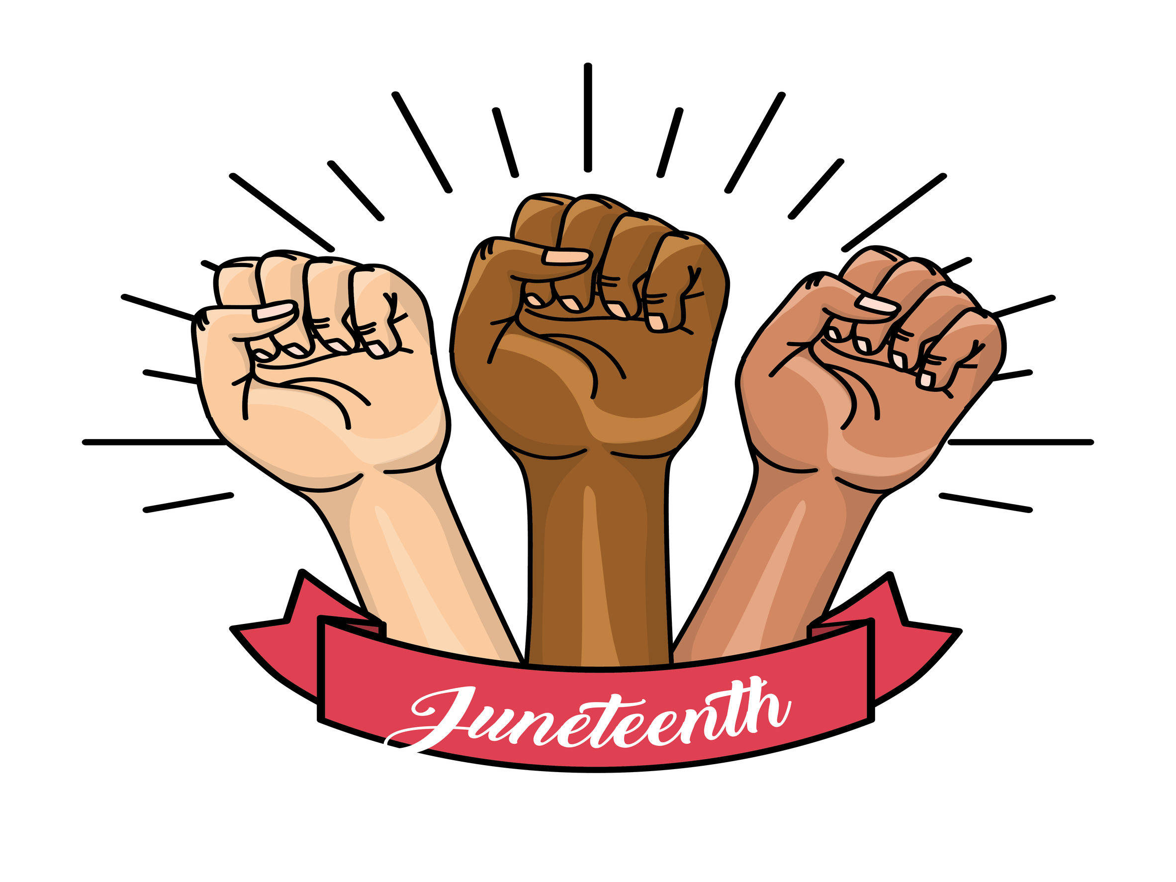 Juneteenth 桌布 壁紙 — 三隻不同膚色的舉起拳頭，在寫有Juneteenth的紅色橫幅下散發力量。