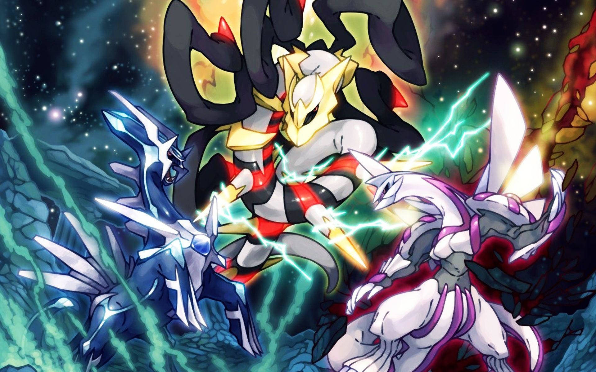 Dialga 桌布 壁紙 — 三隻傳說中的寶可夢在宇宙能量和星空之中戰鬥，電火花四濺。