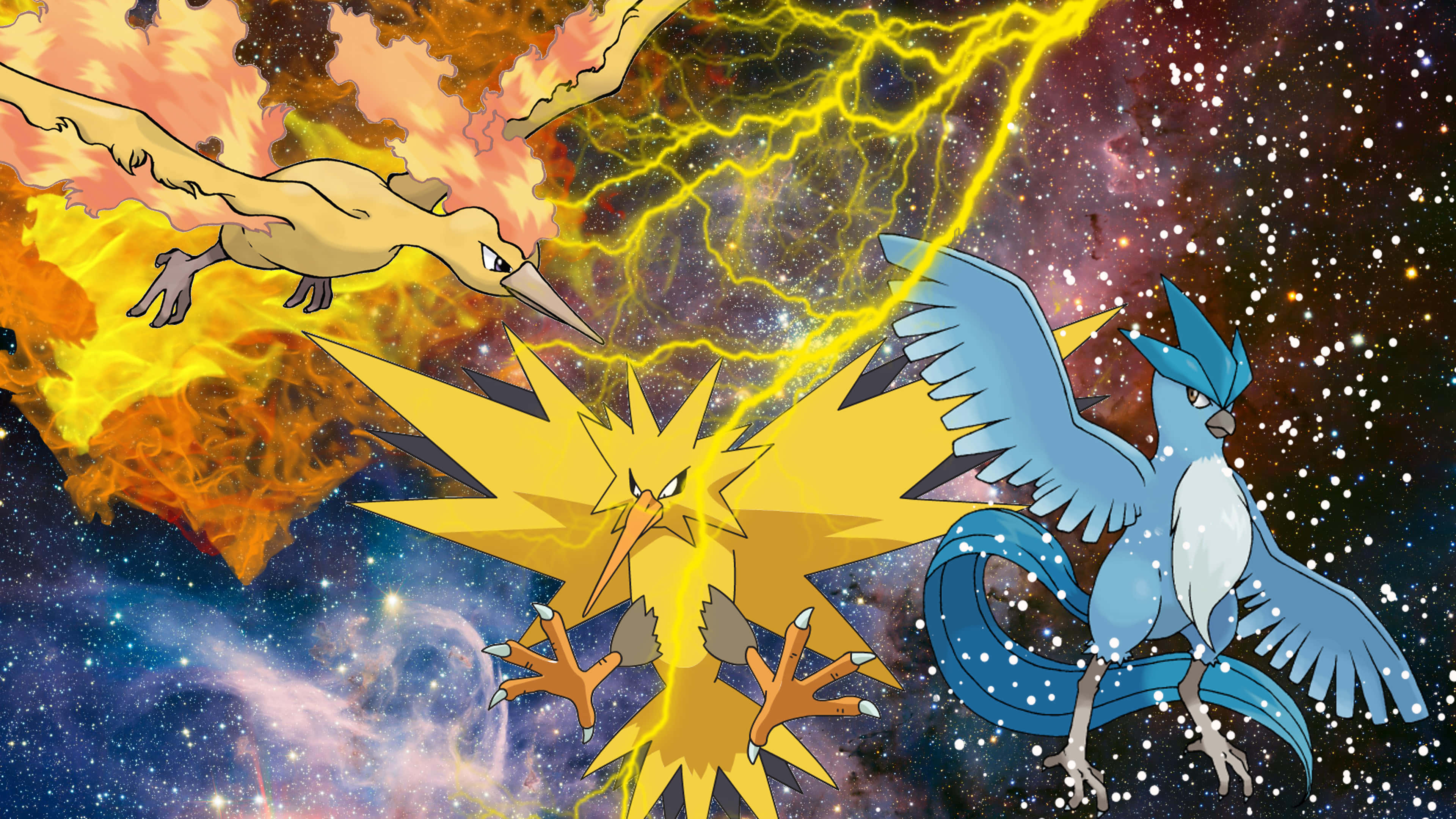 Legendary 桌布 壁紙 — 三隻傳說中的寶可夢在宇宙閃電和熾熱星雲中進行了一場充滿活力的太空對決。