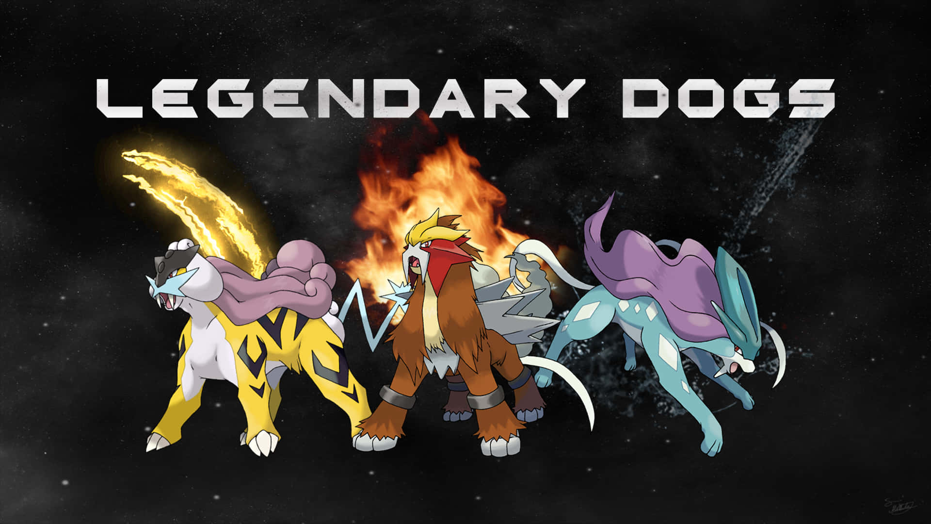 Entei 桌布 壁紙 — 三隻傳說中的寶可夢狗，帶有火焰和電擊效果，站在星光宇宙背景前，下方有粗體文字。