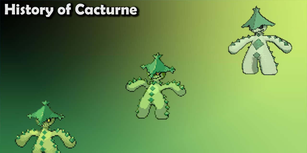 寶可夢 桌布 壁紙 — 三隻像素化的Cacturne寶可夢在綠色漸變背景上演化，帶有標題文字。
