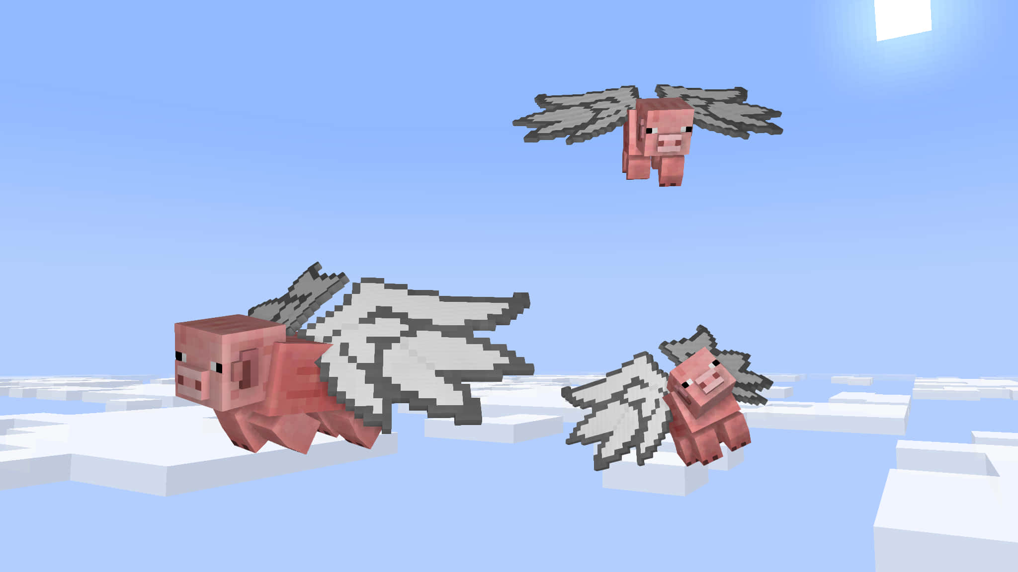 Minecraft Pig 桌布 壁紙 — 三隻像素化的飛豬，有灰色翅膀，在晴朗藍天下的白色塊狀雲層上空翱翔。