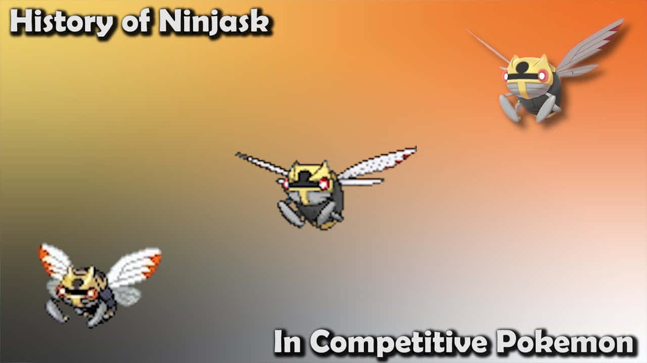 動漫 桌布 壁紙 — 三隻像素藝術的 Ninjask 寶可夢在橙色和灰色漸變背景上飛行，帶有文字疊加。