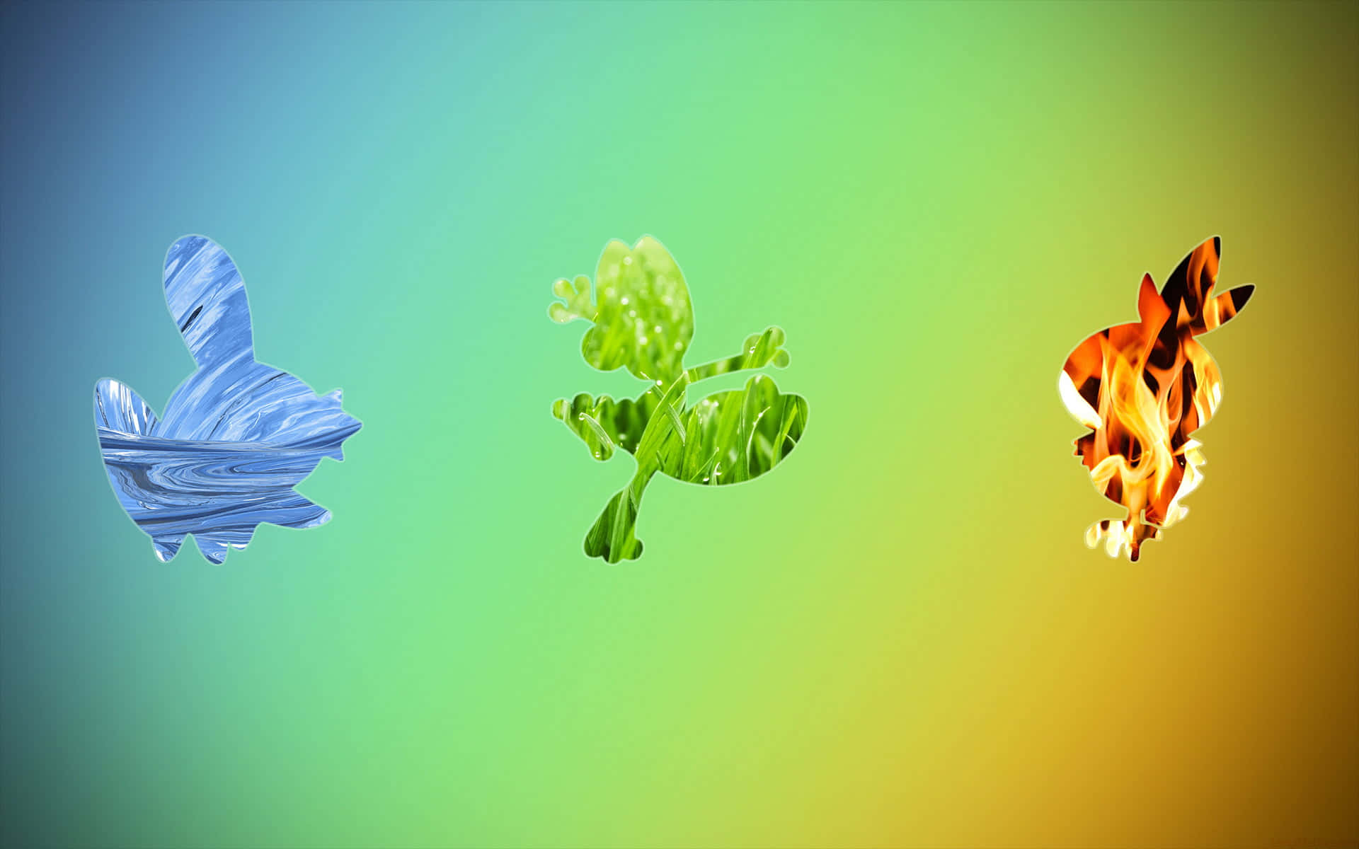 Pokemon Posters 桌布 壁紙 — 三隻元素兔 水 綠色植物 火 漂浮在漸變天空上