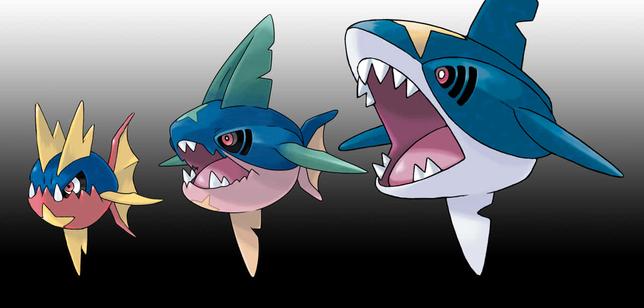 Pokemon Aesthetic 桌布 壁紙 — 三隻兇猛的寶可夢從細小的魚類進化成巨大的鯊魚般生物，背景為漸變色。
