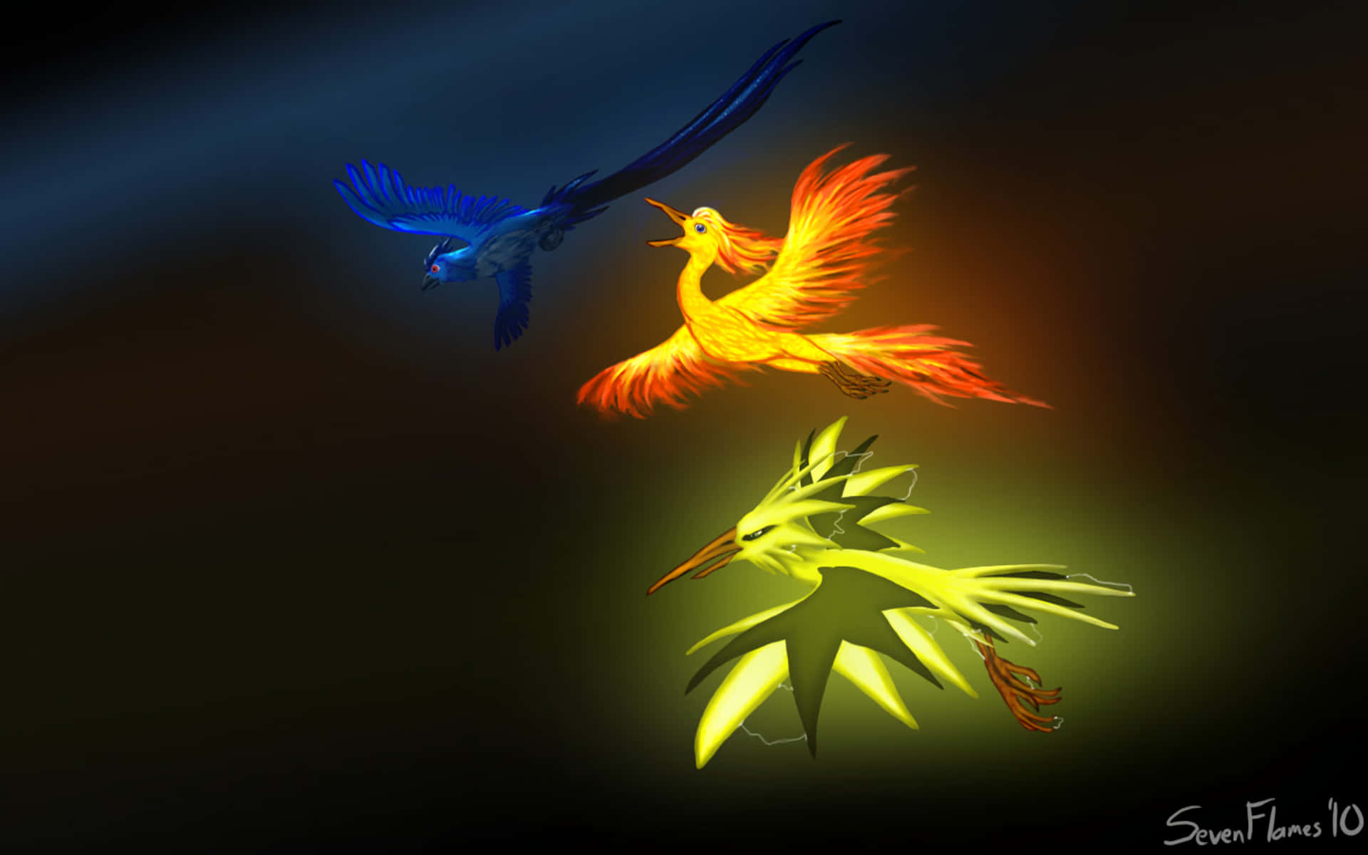 藝術 桌布 壁紙 — 三隻光芒四射的神話鳥類在黑暗背景中翱翔，背景閃爍著藍色、橙色和黃色的光芒。