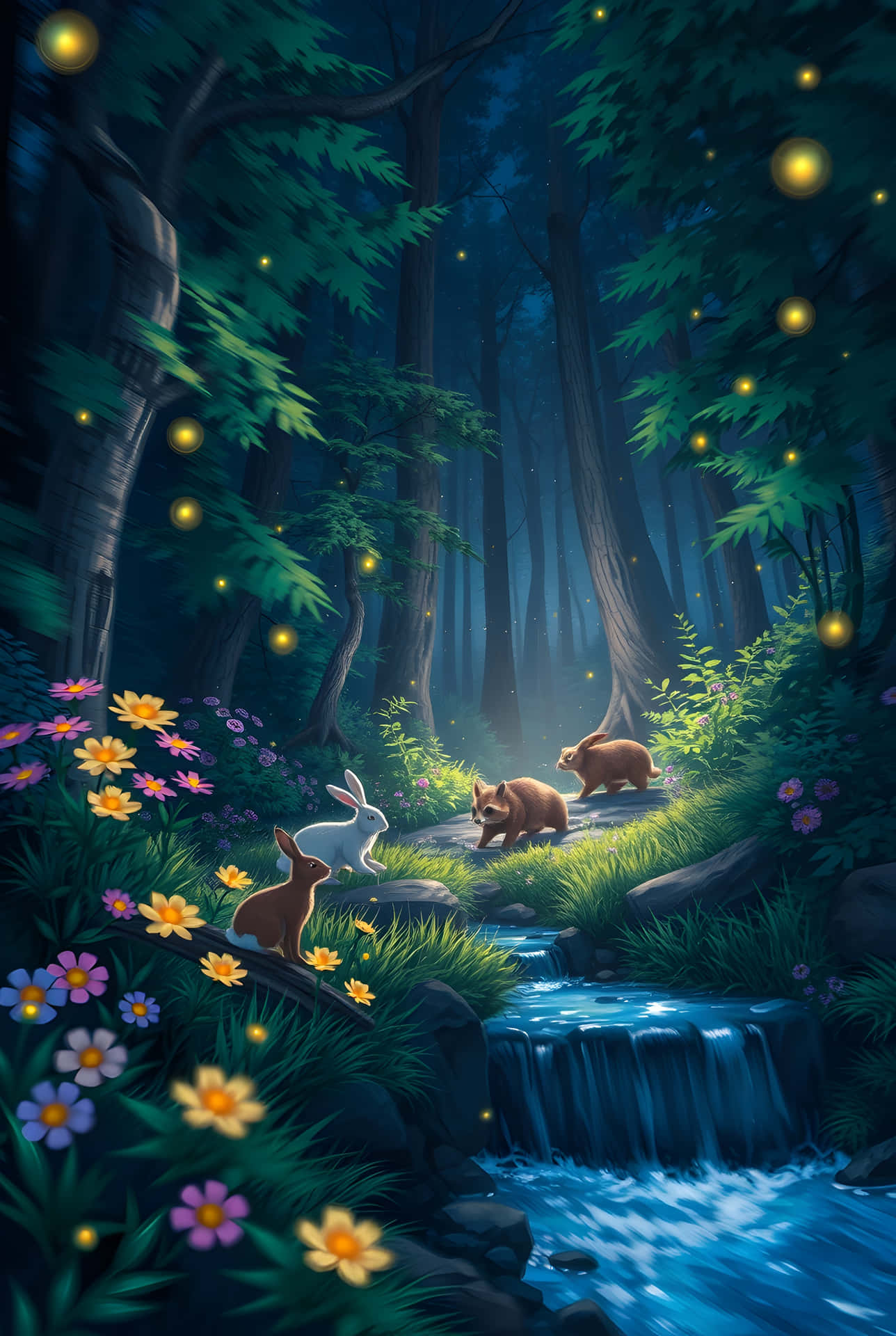 Midnight Creatures in the Woods 壁紙 — 三隻兔子在月光照耀的森林小徑旁探索，旁邊是一條發光的小溪，周圍環繞著鮮豔的花朵和漂浮的螢火蟲。