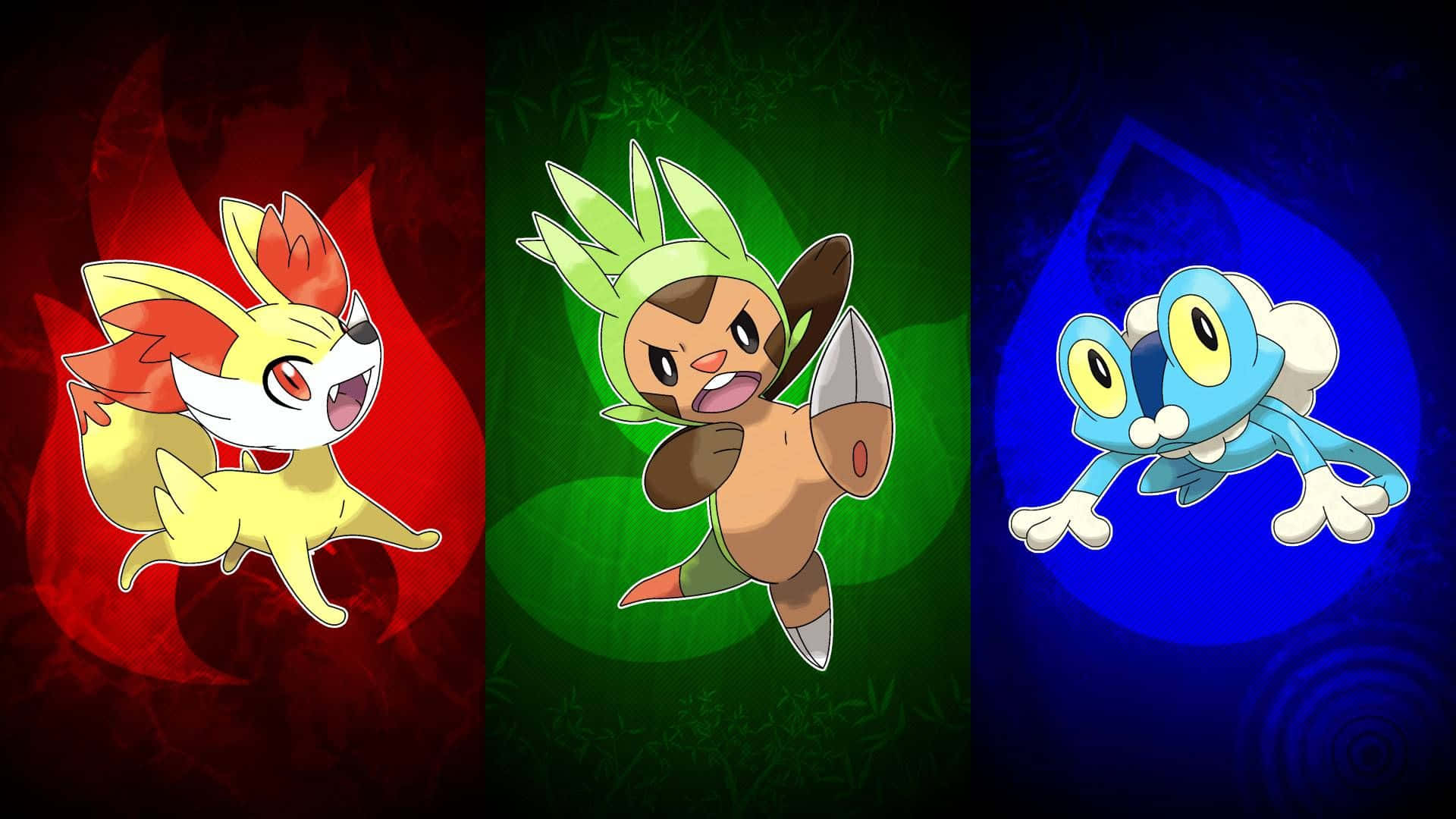 Real Pokemon X Y 桌布 壁紙 — 三隻動漫風格的寶可夢在鮮豔的紅、綠、藍背景上動態跳躍，背景帶有漩渦圖案。