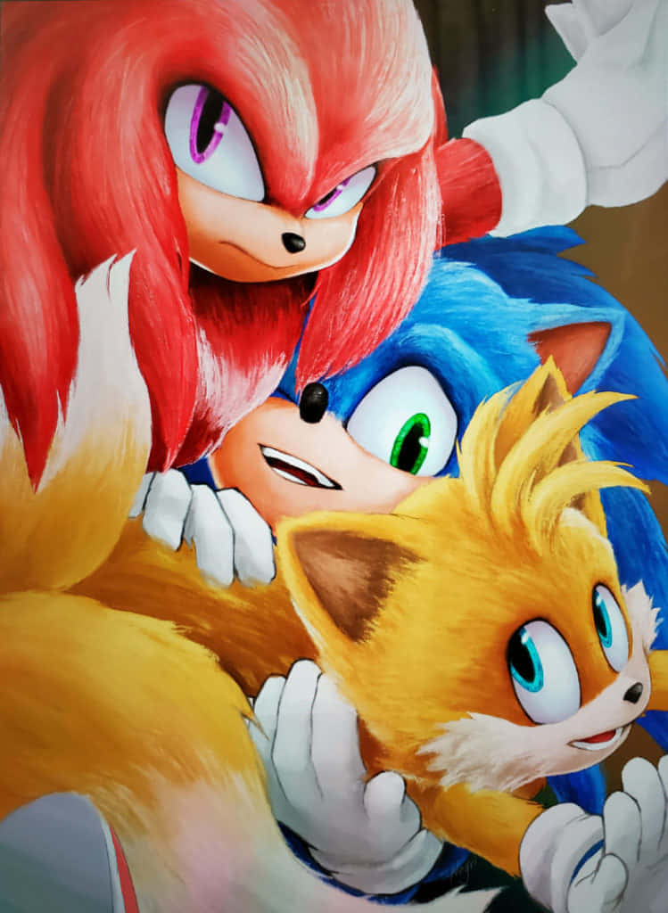 Tails 桌布 壁紙 — 三隻動畫刺蝟，擁有鮮豔的毛髮和富有表情的眼睛，在動感、色彩繽紛的插圖中緊密地擺姿勢。