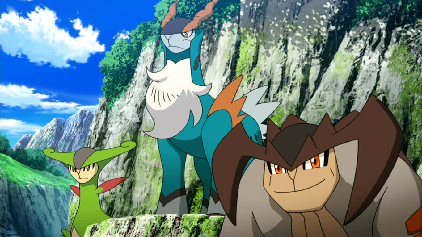 Pokemon Aesthetic 桌布 壁紙 — 三隻動畫化的寶可夢站在懸崖邊，背景是山脈和藍天白雲。