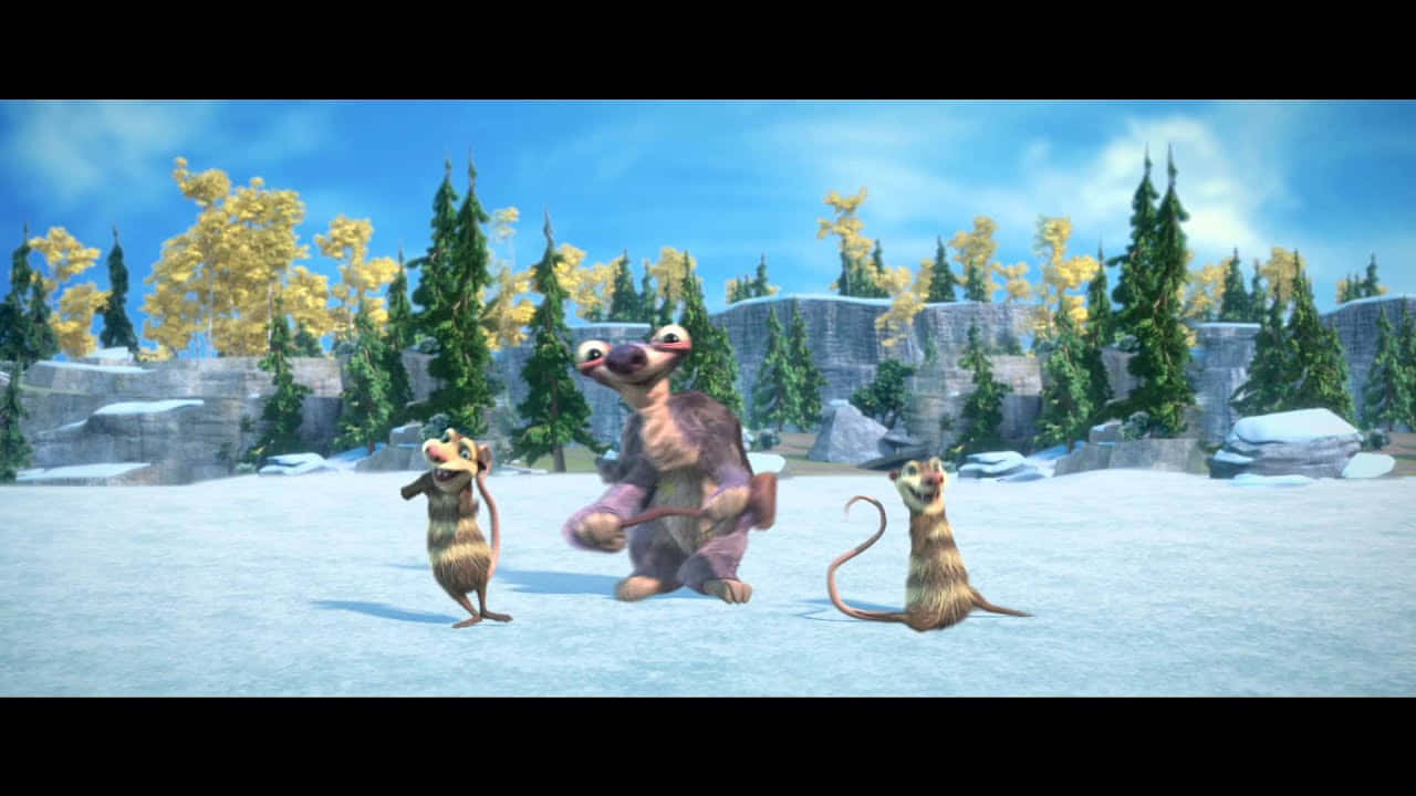 Animation 桌布 壁紙 — 三隻動畫樹懶站在雪地裡，周圍有常青樹和岩石峭壁，頭頂是明亮的藍天。