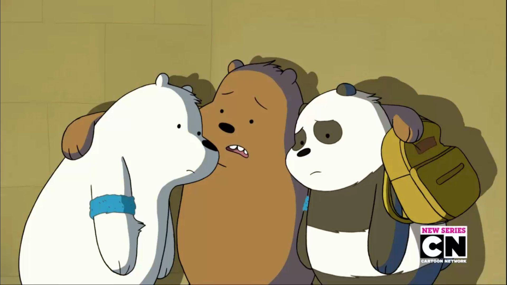 熊熊遇見你 桌布 壁紙 — 三隻動畫熊在昏暗的房間裡擠在一起，表情憂慮。