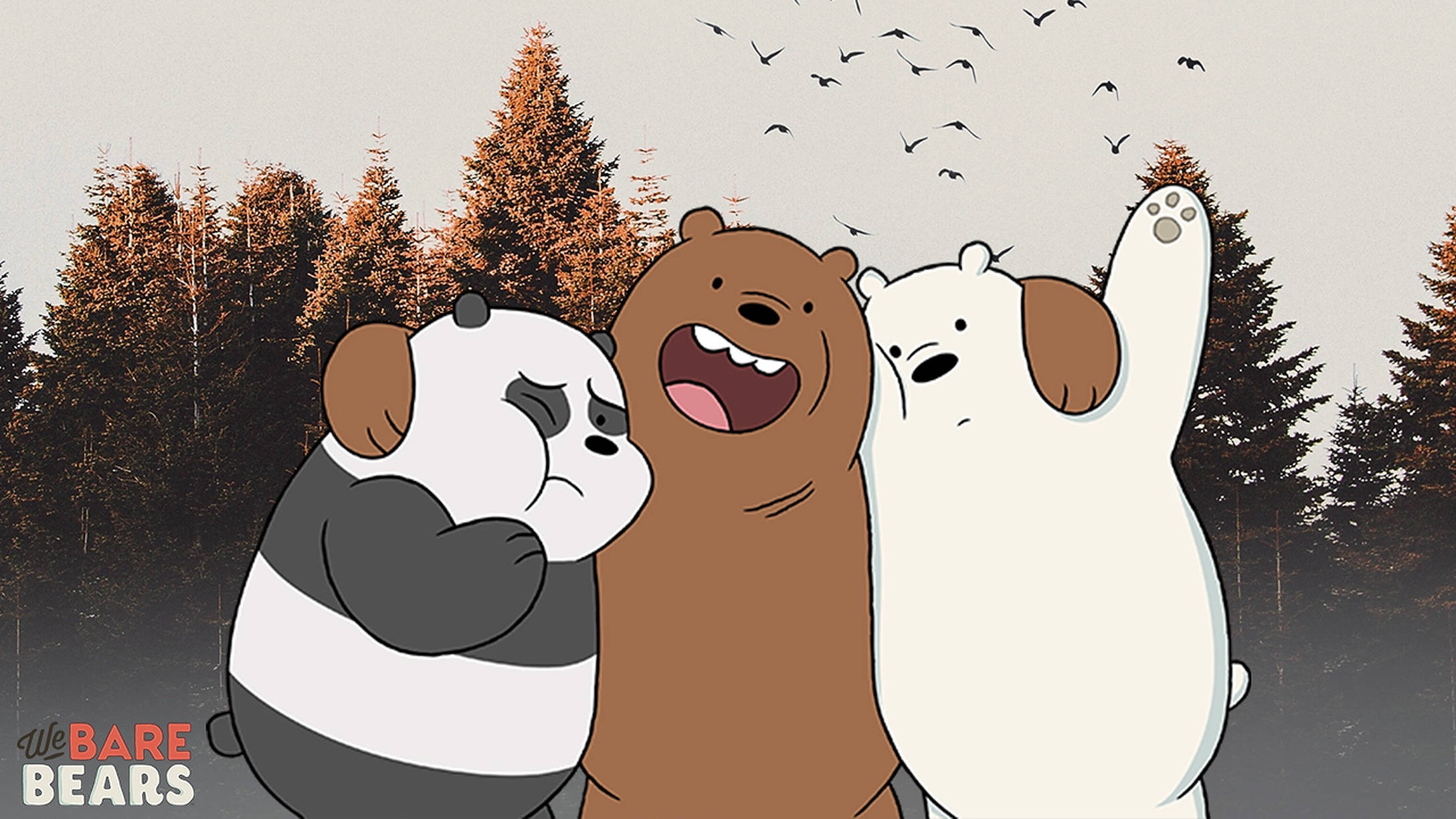 Three Bears 桌布 壁紙 — 三隻動畫熊站在森林中，鳥兒在頭頂飛翔，一隻在笑，一隻在傷心，一隻在揮手。