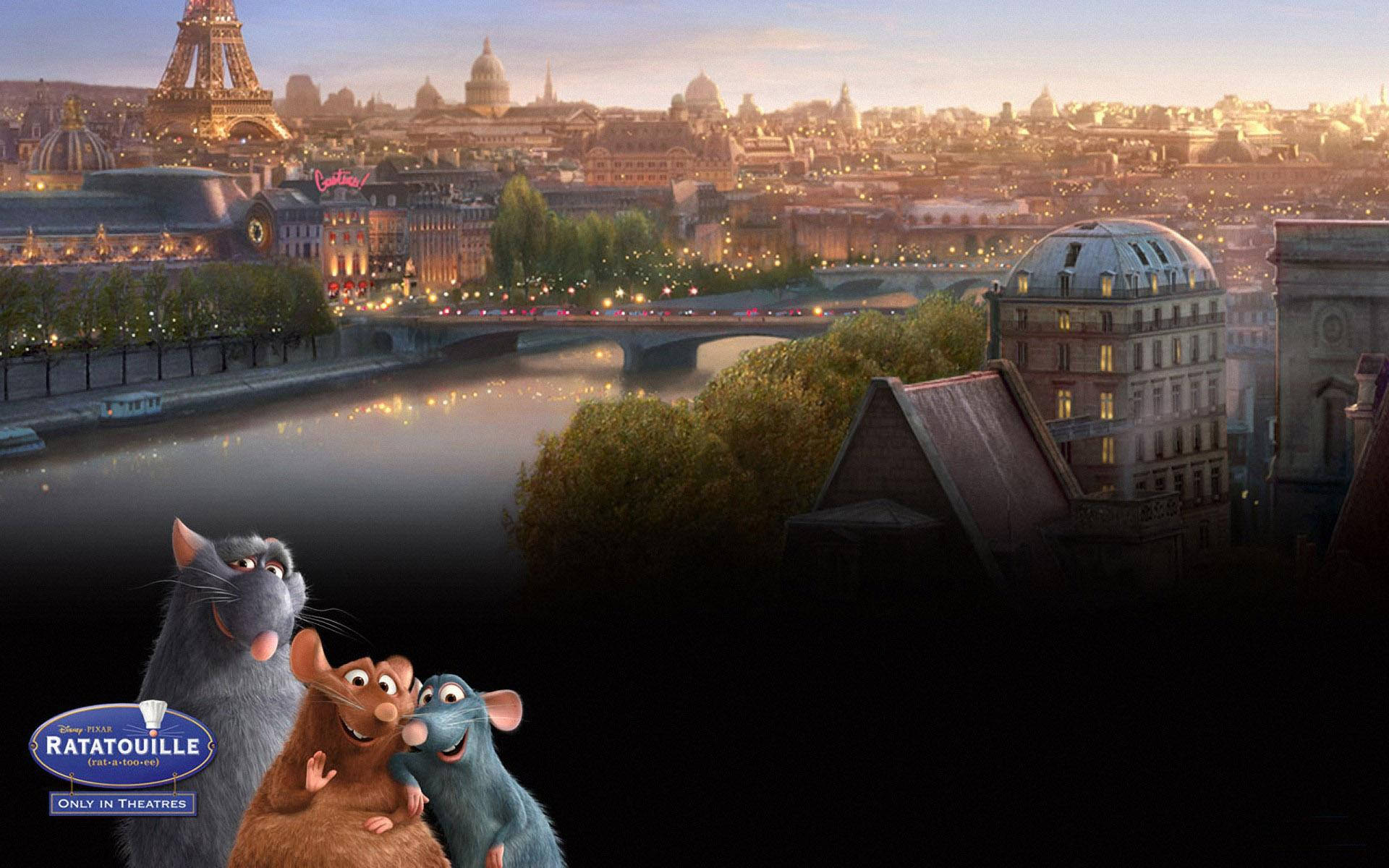 Ratatouille 桌布 壁紙 — 三隻動畫老鼠仰望巴黎天際線，在黃金時刻閃耀，下方是艾菲爾鐵塔和塞納河。