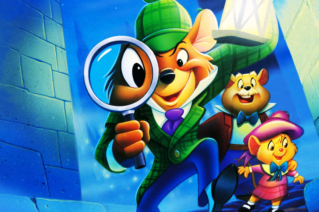 The Great Mouse Detective 桌布 壁紙 — 三隻動畫老鼠偵探穿著色彩繽紛的服裝，用放大鏡探索石頭走廊。