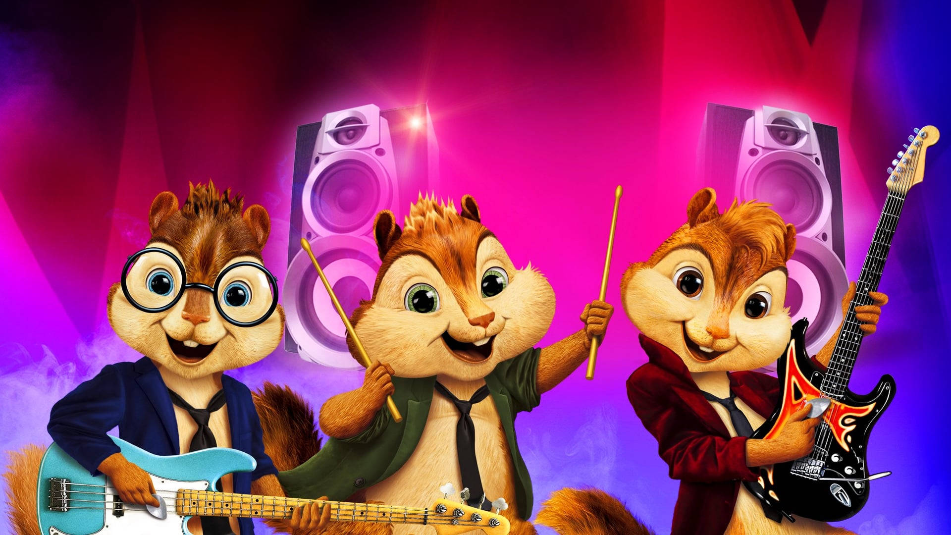 Chipmunks 桌布 壁紙 — 三隻動畫花栗鼠在充滿活力的紫色和粉紅色舞台燈光下，用吉他和鼓盡情搖滾。