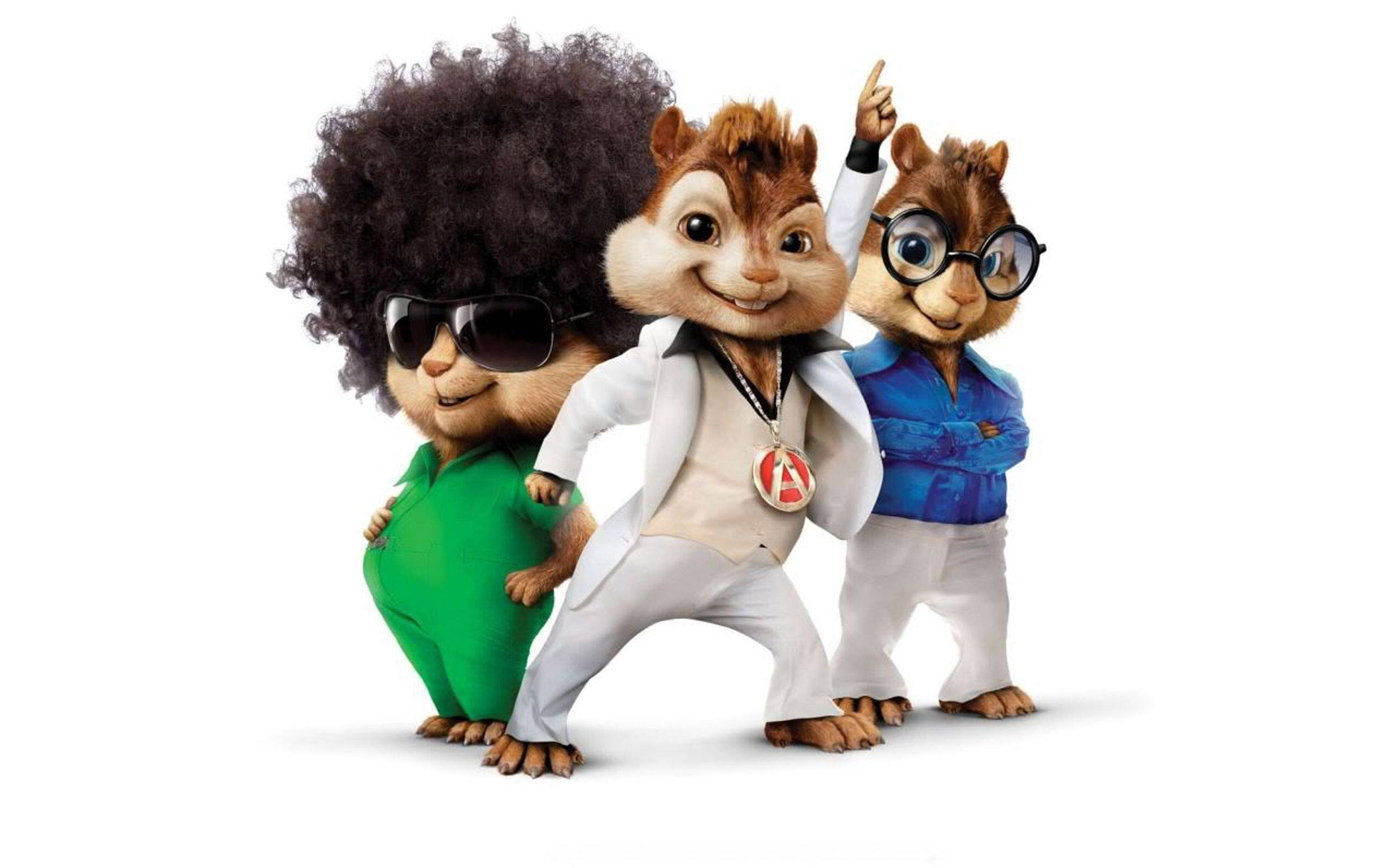 Chipmunks 桌布 壁紙 — 三隻動畫花栗鼠穿著70年代時尚，在純白背景前自信地擺姿勢。