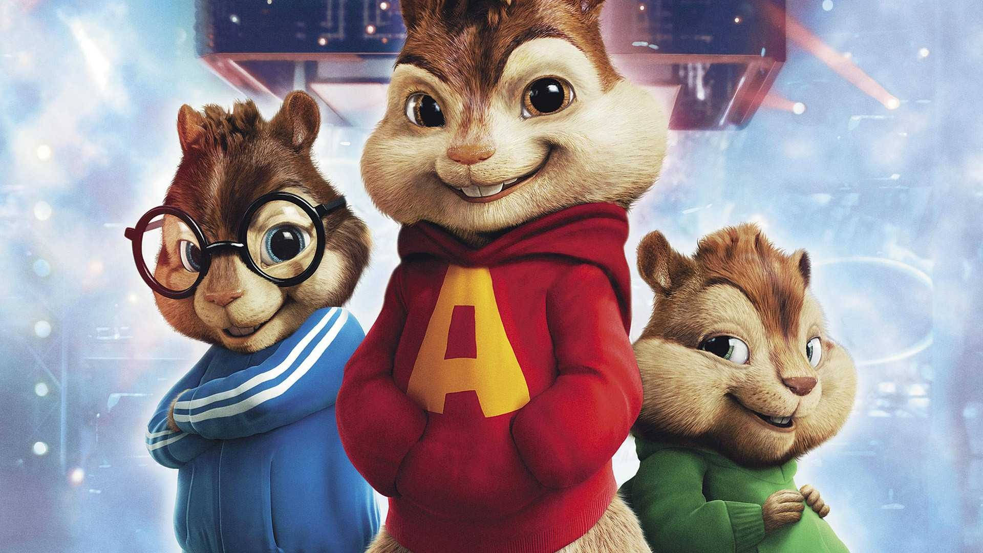 Chipmunks 桌布 壁紙 — 三隻動畫花栗鼠穿著彩色毛衣，在閃爍的未來城市背景下開心地微笑。