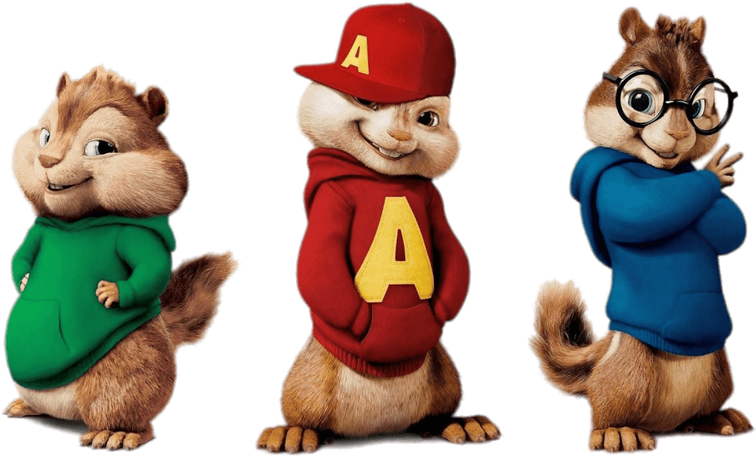 Chipmunks 桌布 壁紙 — 三隻動畫花栗鼠穿著彩色連帽衫和帶有黃色A的紅色帽子，站在黑色背景前。