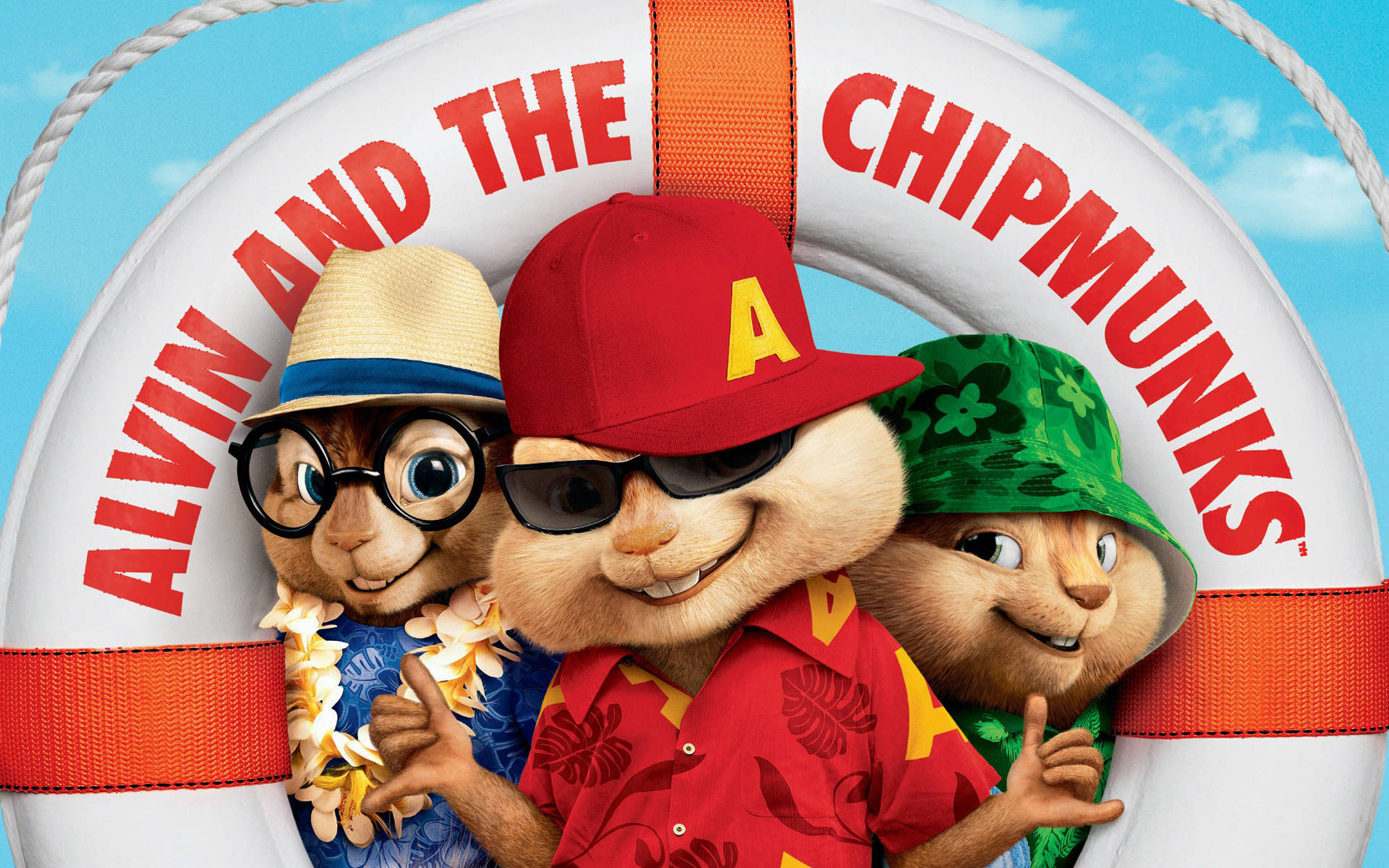 Chipmunks 桌布 壁紙 — 三隻動畫花栗鼠穿著色彩繽紛的夏威夷襯衫和帽子，在明亮的藍天下從救生圈中愉快地探出頭來。