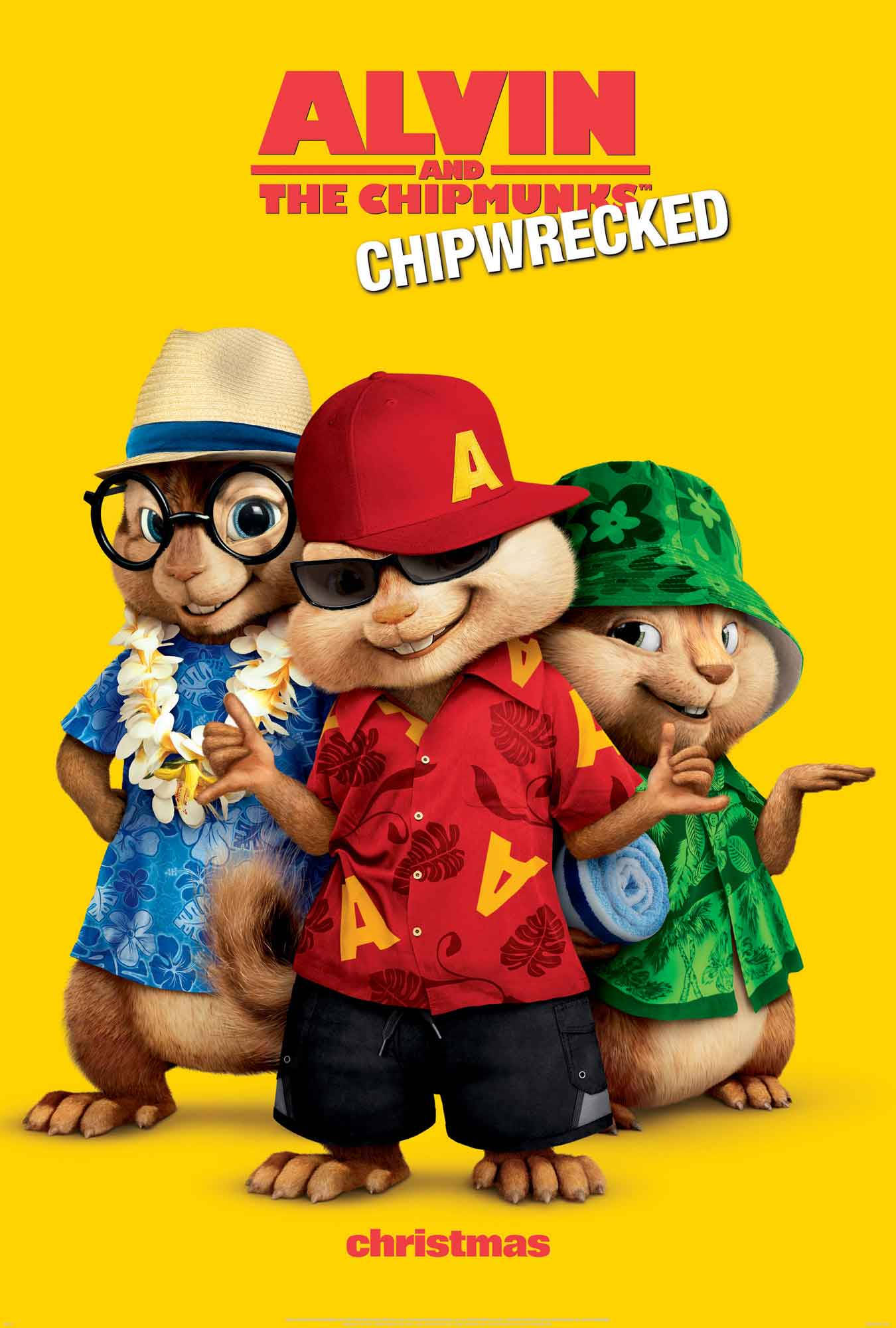 Chipmunks 桌布 壁紙 — 三隻動畫花栗鼠穿著色彩繽紛的夏威夷服裝，在明亮的黃色背景前愉快地擺姿勢。