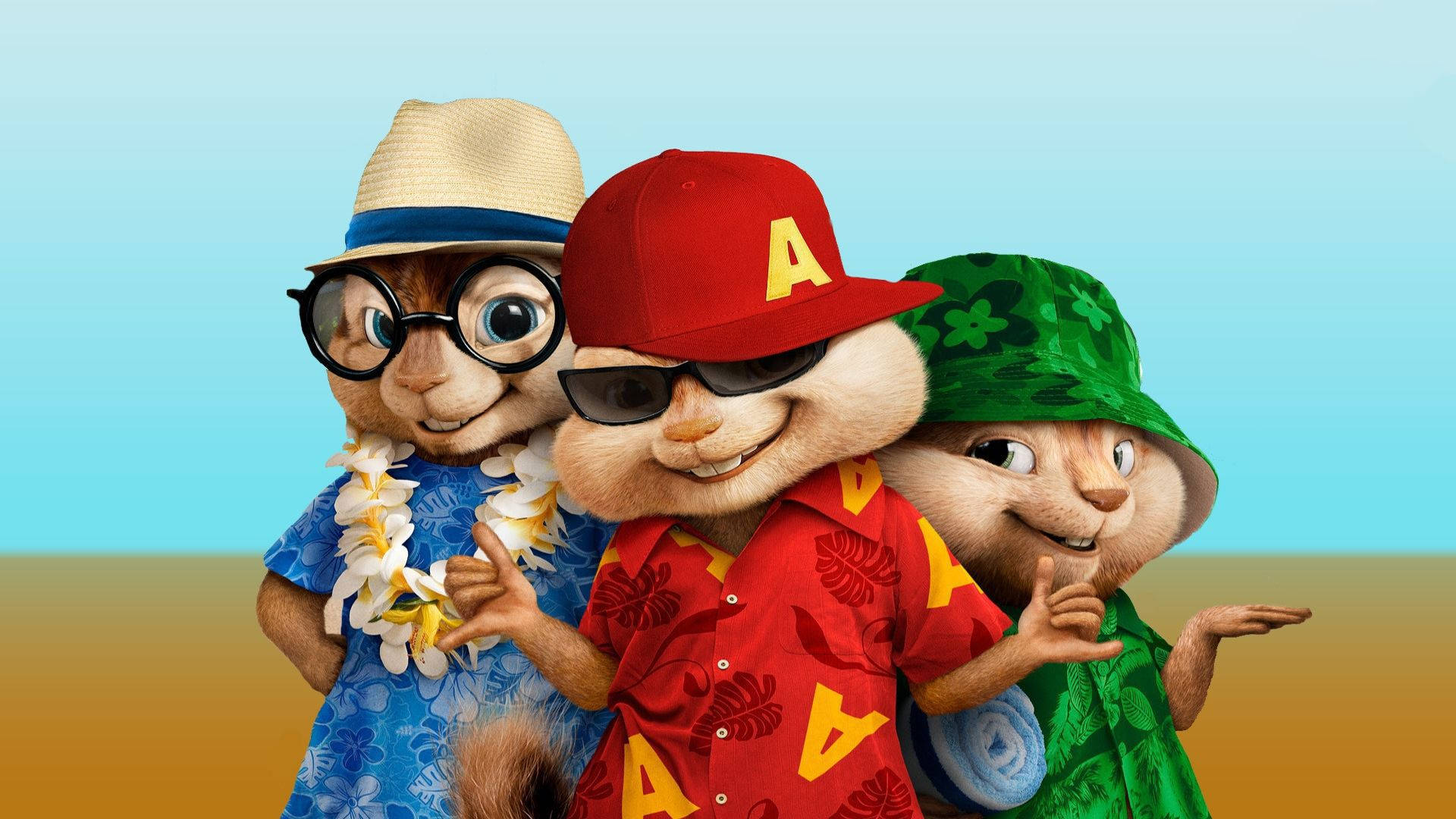 Chipmunks 桌布 壁紙 — 三隻動畫花栗鼠穿著色彩繽紛的夏威夷襯衫和帽子，在漸變海灘背景下愉快地擺姿勢。