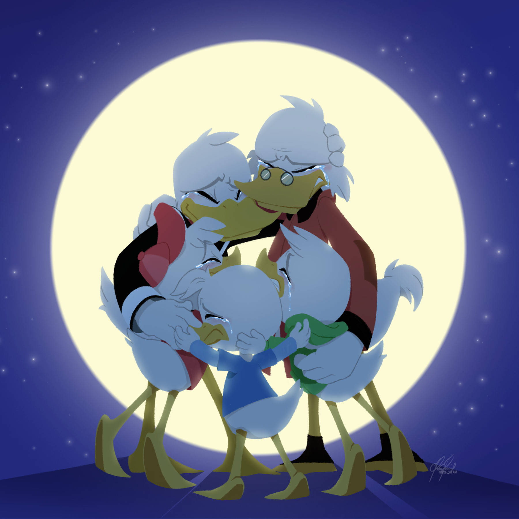 Scrooge 桌布 壁紙 — 三隻動畫鴨子在繁星點點的夜空下，於一輪明亮的滿月下溫暖地擁抱。