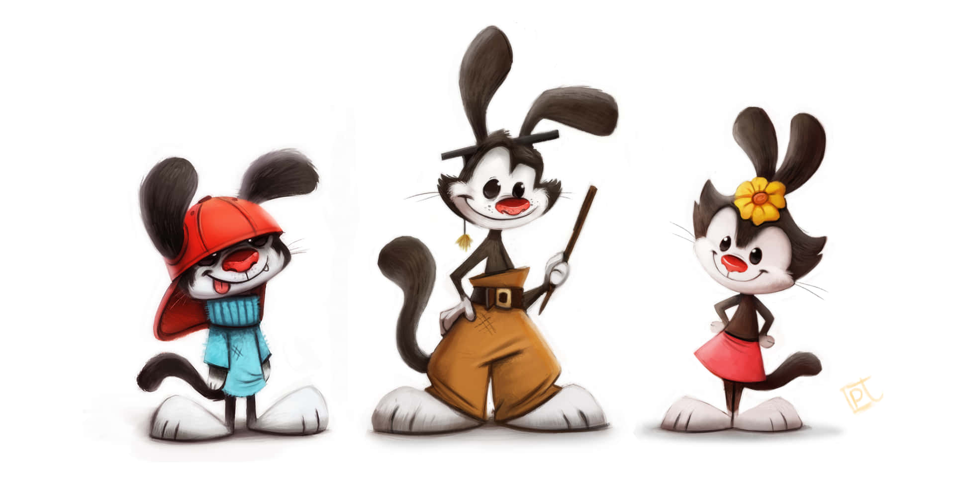Animaniacs 桌布 壁紙 — 三隻卡通兔子穿著不同的服裝，在純白色背景前開心地站著。