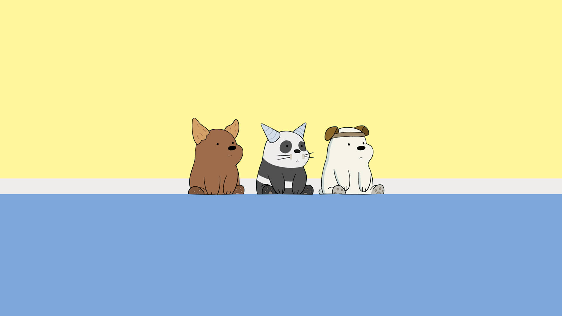 熊熊遇見你 桌布 壁紙 — 三隻卡通動物：一隻棕色狗、一隻黑白貓和一隻白色北極熊，並排坐在黃色和藍色背景前。