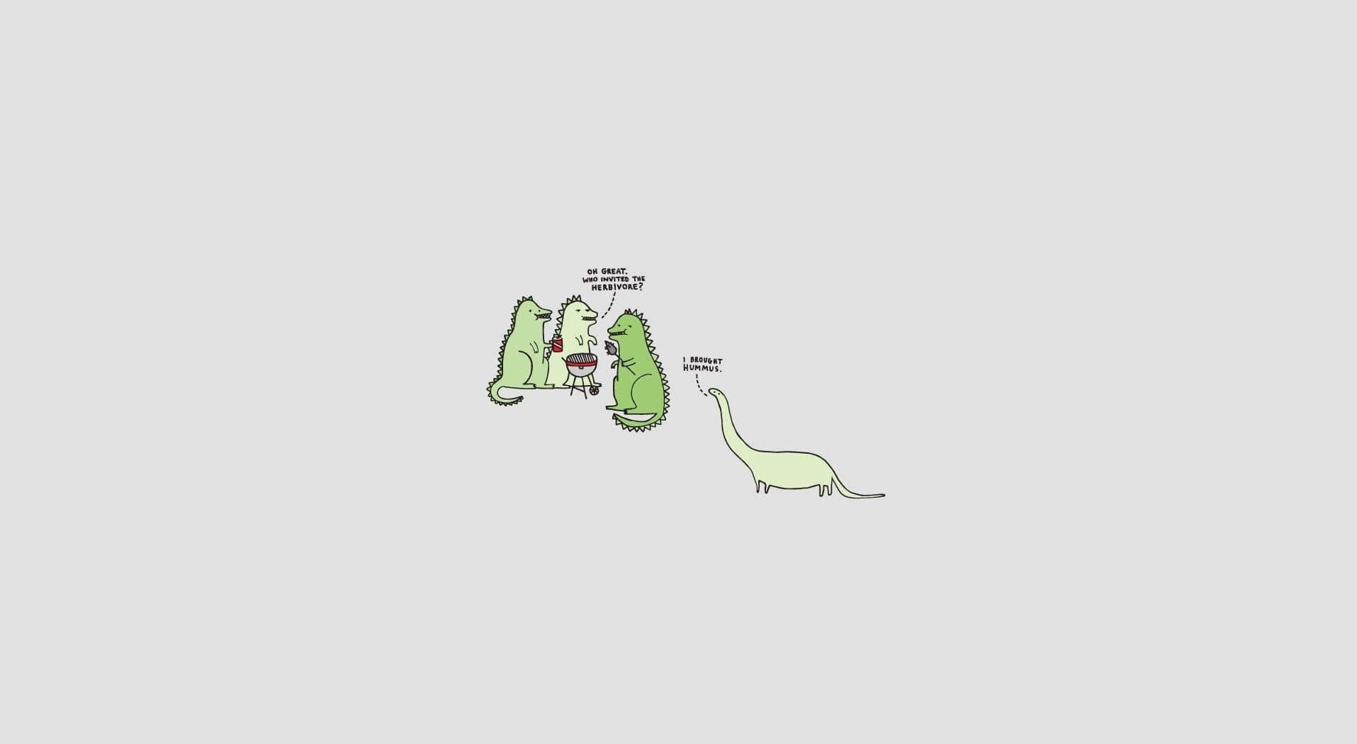 Dino 桌布 壁紙 — 三隻卡通恐龍在烤架上聊天，而第四隻恐龍走開，舉著一個牌子寫著「我帶了漢堡來」。
