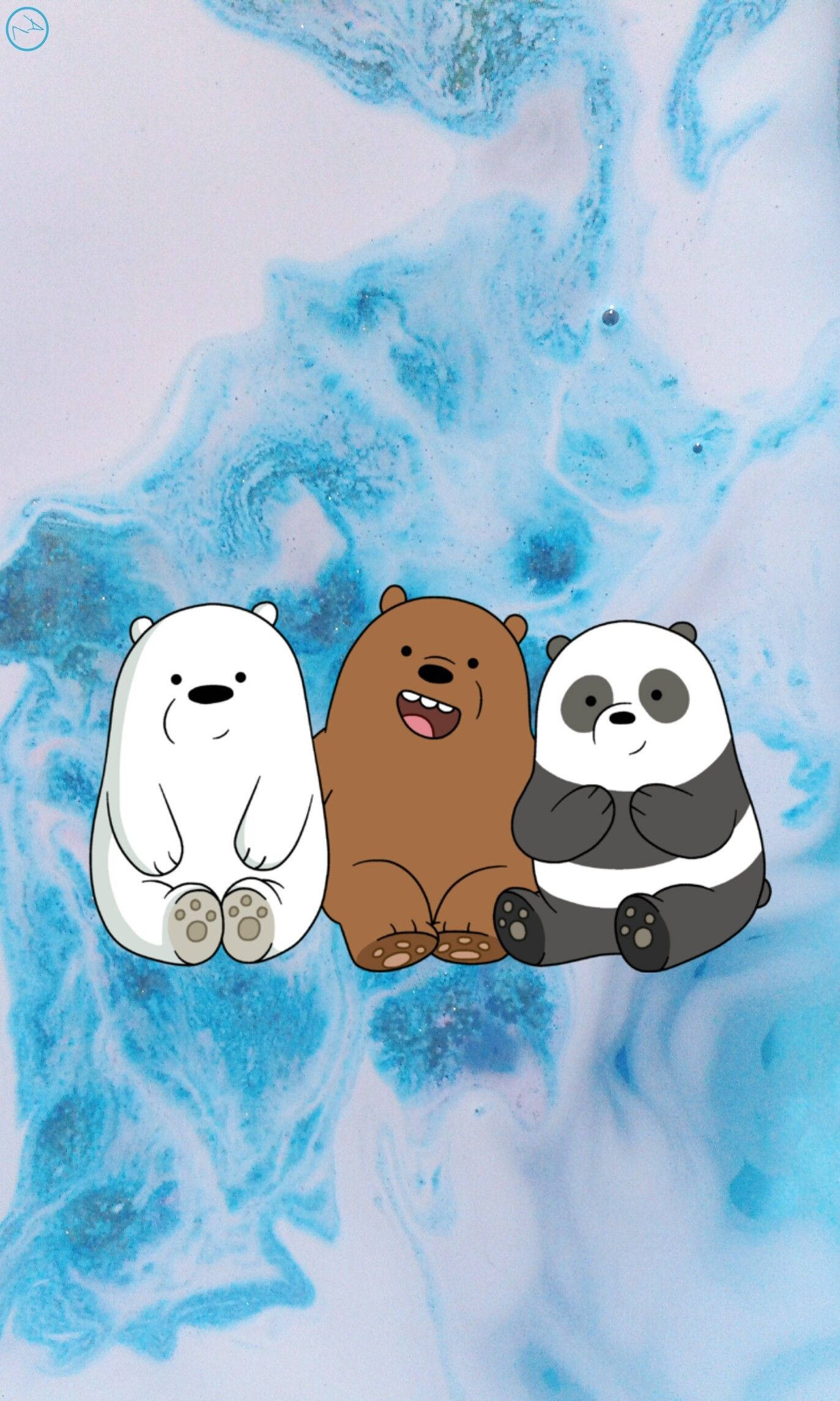3 Best Friends 桌布 壁紙 — 三隻卡通熊一起坐在旋轉的藍白抽象背景前。