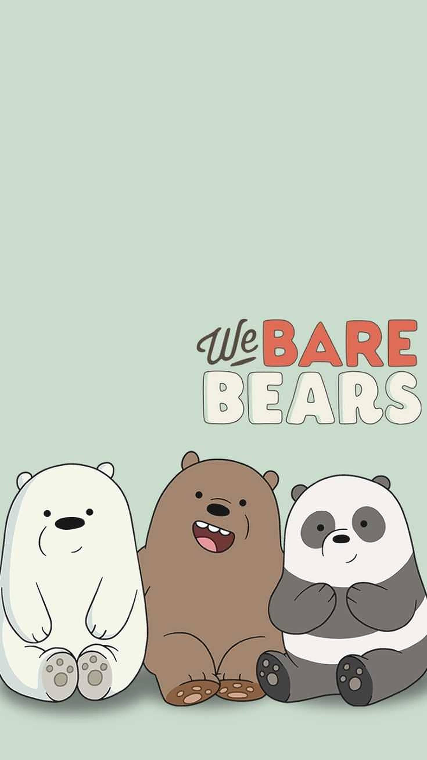 Three Bears 桌布 壁紙 — 三隻卡通熊並排坐在淺綠色背景上，上方顯示標題 We Bare Bears。