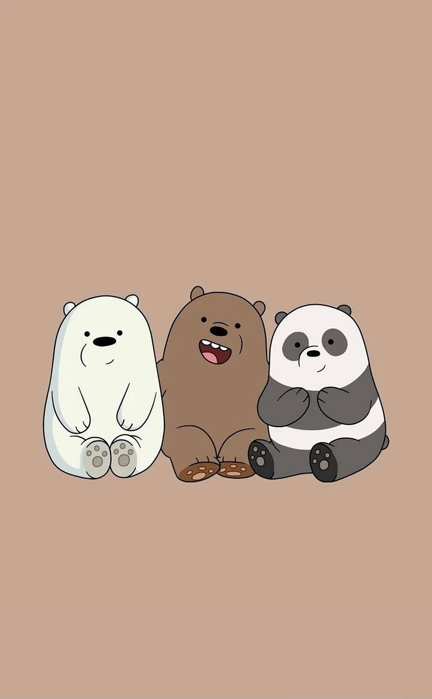 三隻小熊 桌布 壁紙 — 三隻卡通熊並排坐在純棕色背景上，表情簡單，細節極少。