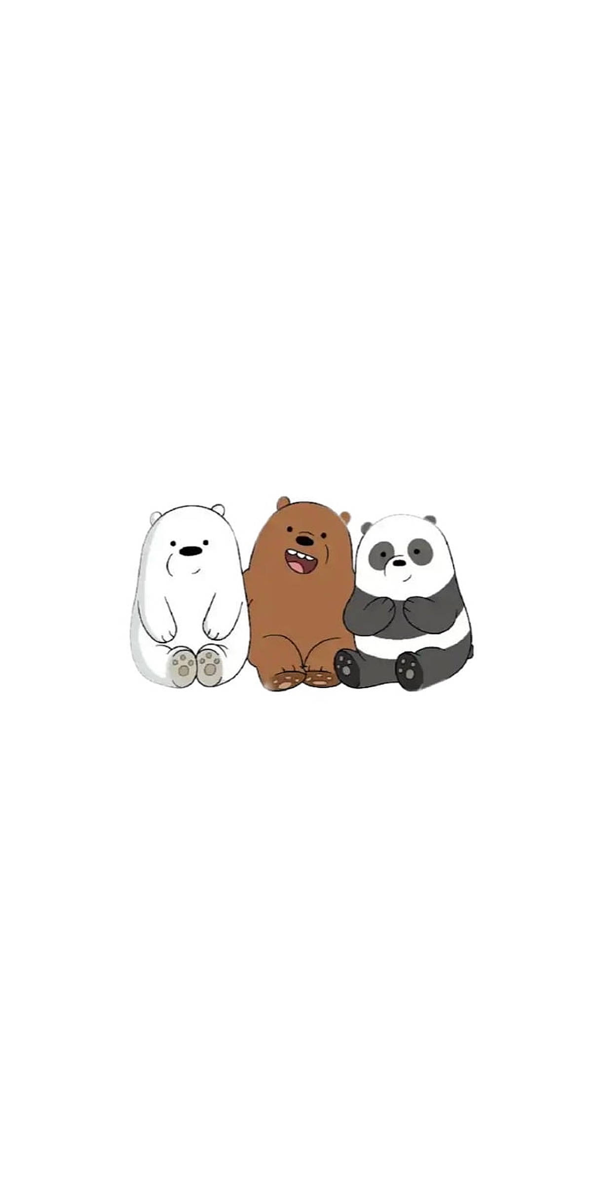 三隻小熊 桌布 壁紙 — 三隻卡通熊並排坐在純白色背景上，帶有簡單的黑色輪廓和極少的陰影。