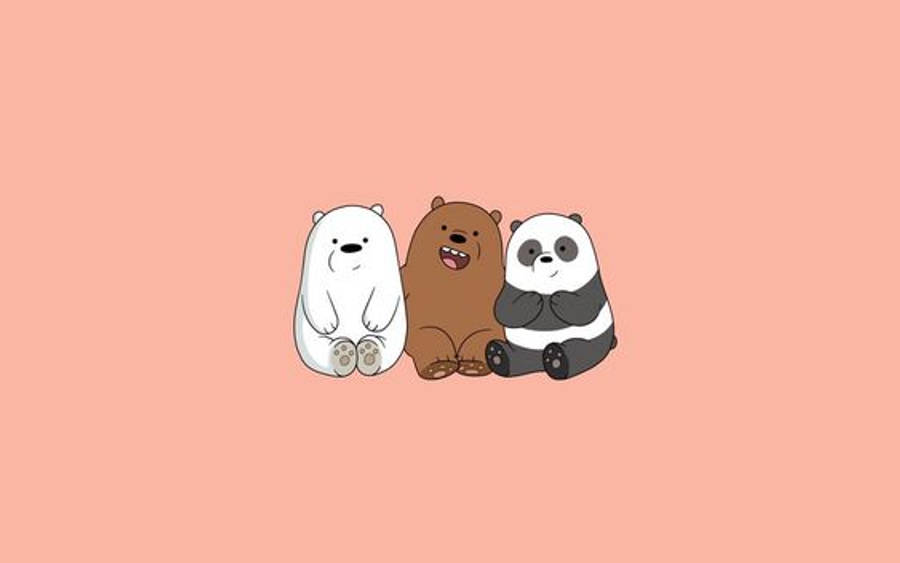 極簡美學 桌布 壁紙 — 三隻卡通熊並排坐在純蜜桃色背景上，採用簡單的平面設計。