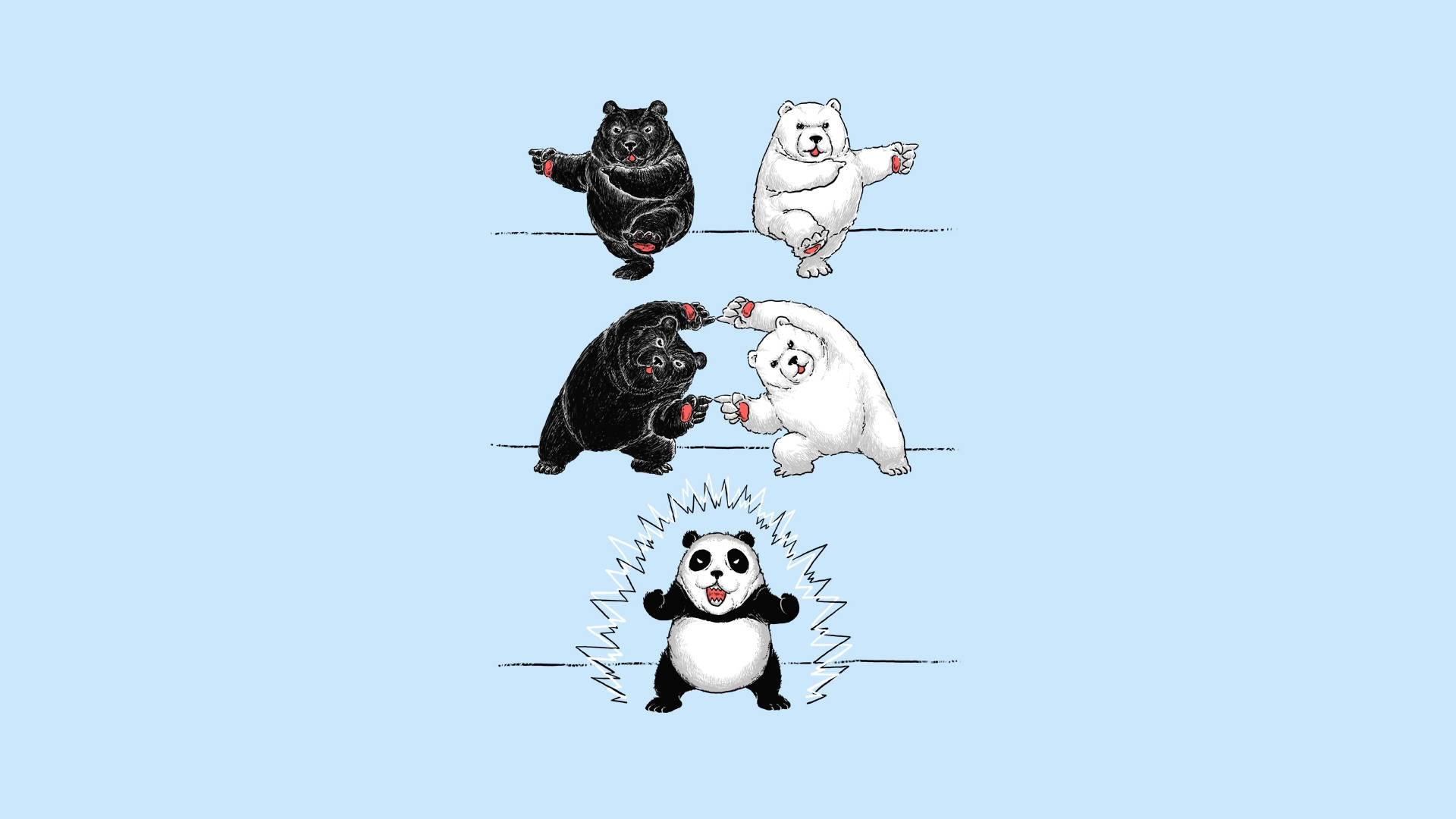 Humor 桌布 壁紙 — 三隻卡通熊和一隻熊貓在淺藍色背景上擺出俏皮的姿勢。