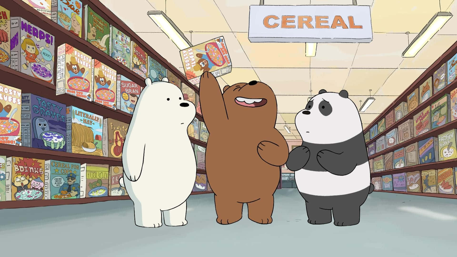熊熊遇見你 桌布 壁紙 — 三隻卡通熊在明亮的雜貨店通道中，在「CEREAL」標誌下瀏覽色彩繽紛的穀物盒。