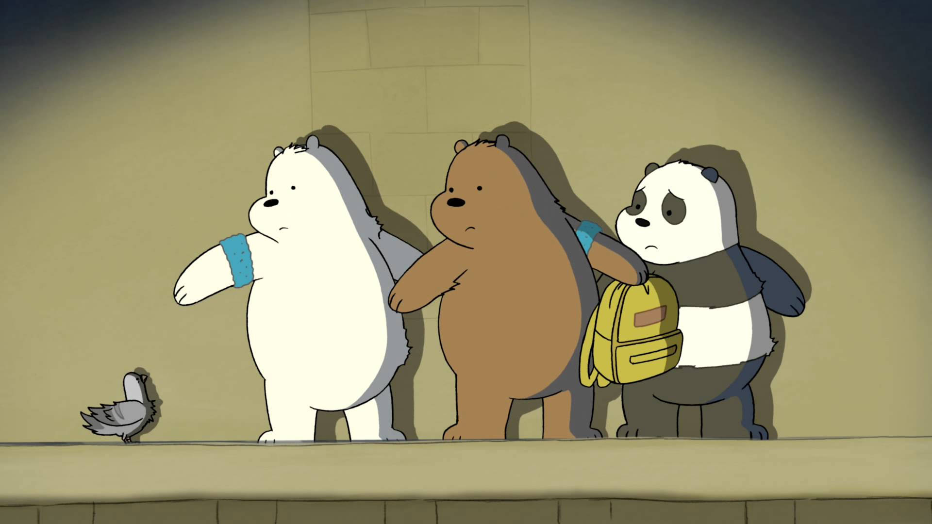 Cartoon Network Characters 桌布 壁紙 — 三隻卡通熊在昏暗的房間裡一起站在聚光燈下，附近有一隻鴿子。