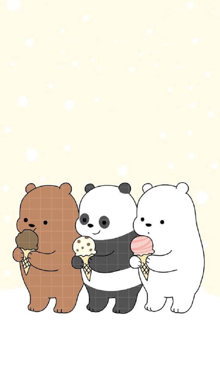 Ice Cream 桌布 壁紙 — 三隻卡通熊在柔軟的米色背景上，開心地拿著冰淇淋甜筒，背景有白色斑點。