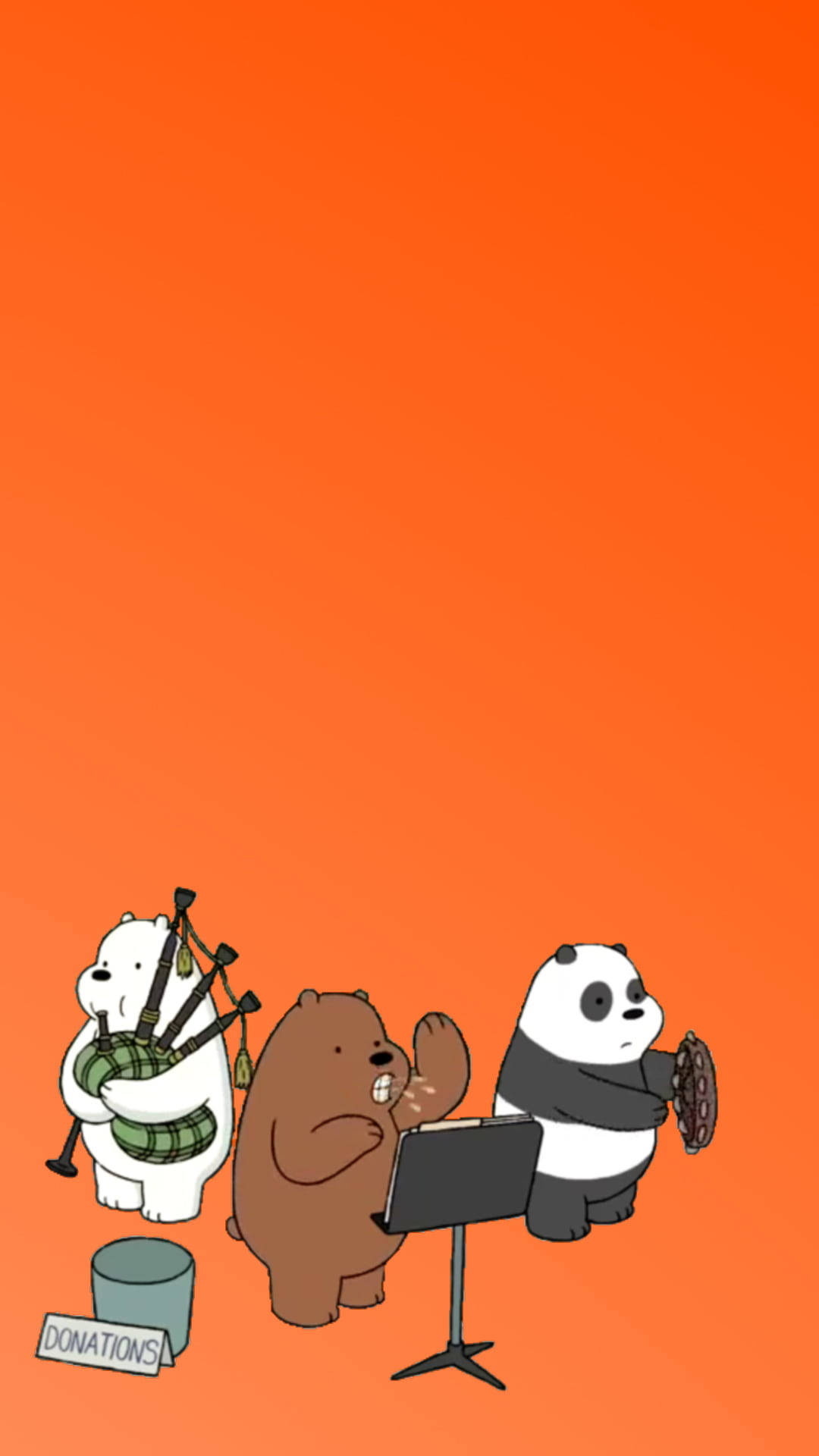 熊熊遇見你 桌布 壁紙 — 三隻卡通熊在橙色背景上演奏樂器，並有一個捐款桶。