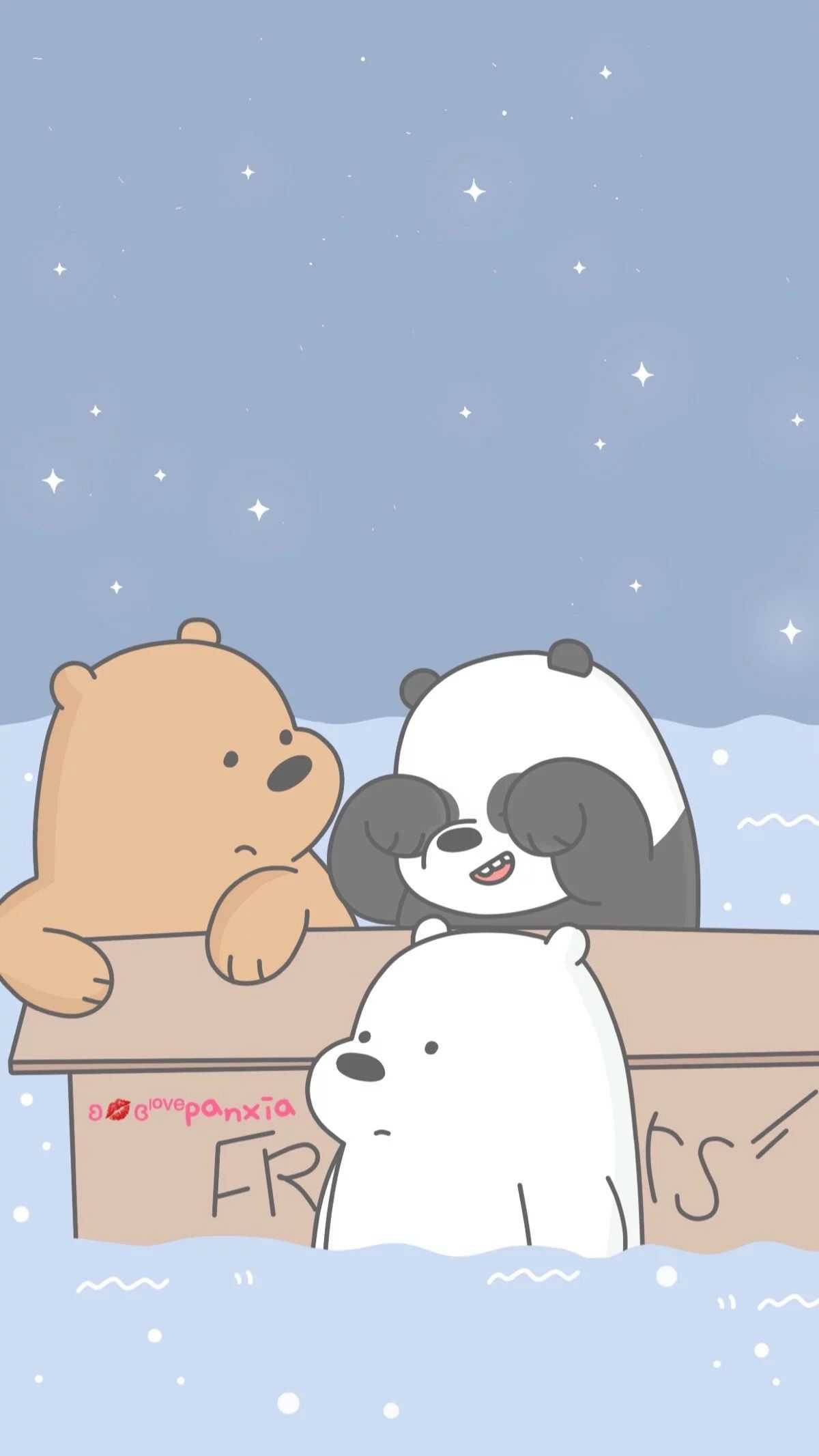Three Bears 桌布 壁紙 — 三隻卡通熊在滿天星斗的藍天下，用溫柔的表情從雪堆邊緣探出頭來。