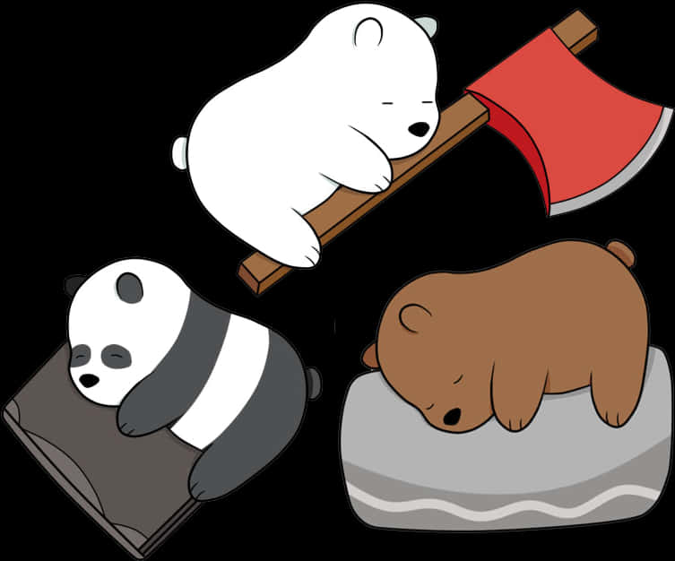 熊熊遇見你 桌布 壁紙 — 三隻卡通熊在黑色背景上，安詳地睡在一本書、一把斧頭和一塊石頭上。