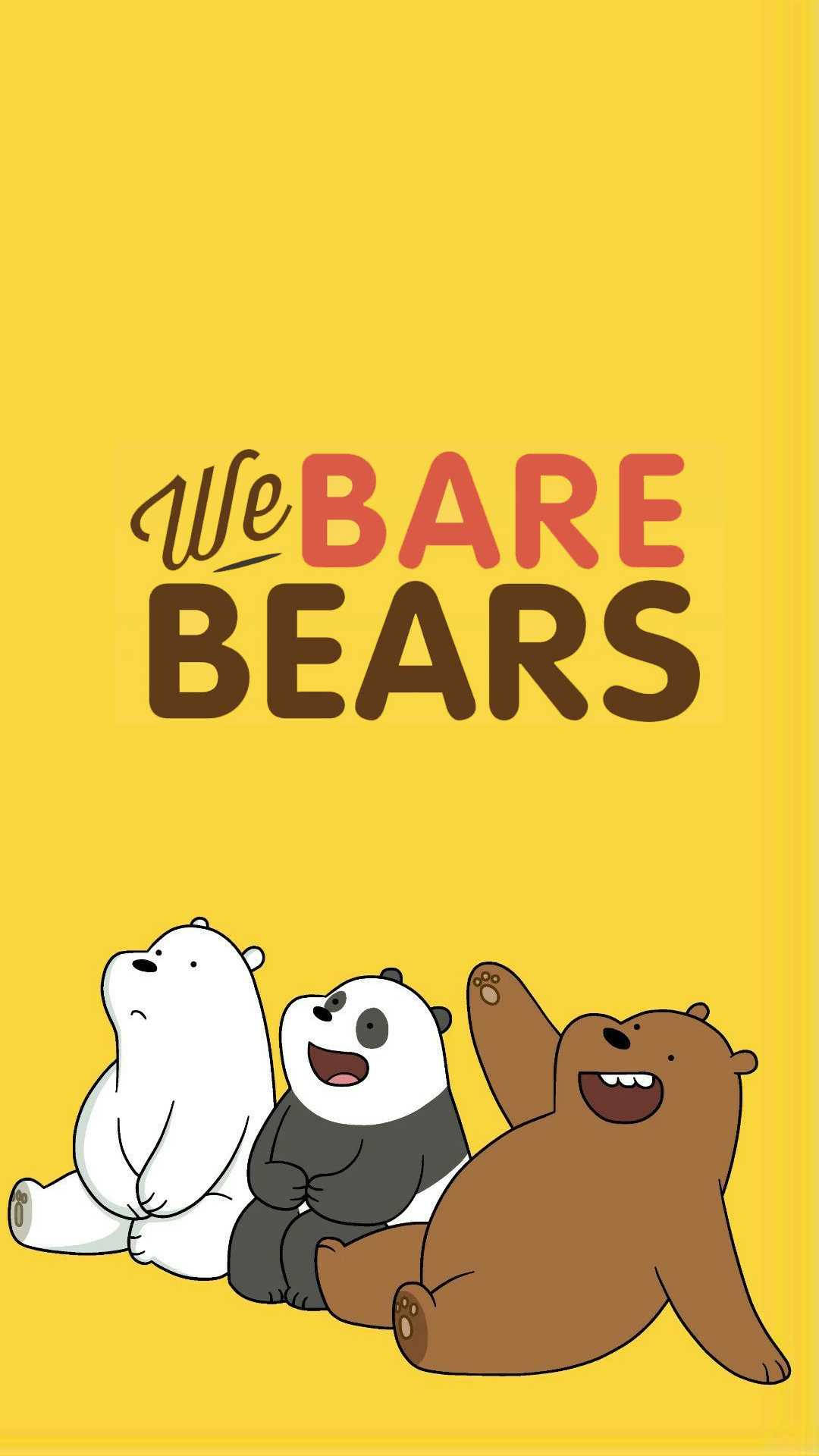 三隻小熊 桌布 壁紙 — 三隻卡通熊坐在明亮的黃色背景上，標題為 We Bare Bears。