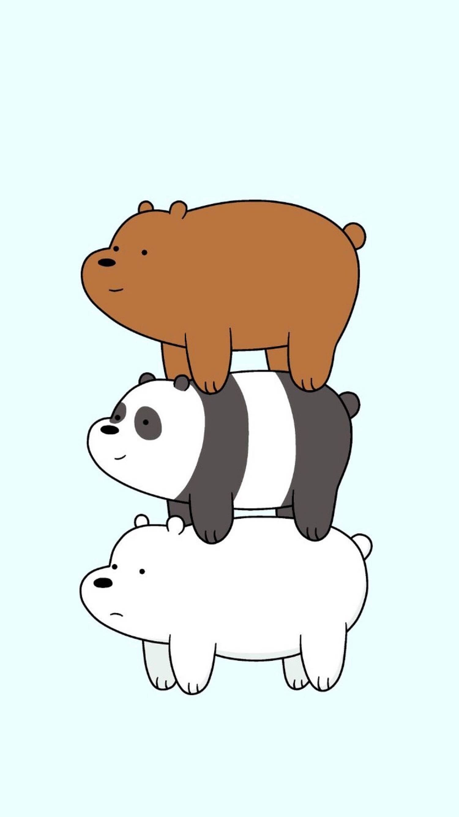 三隻小熊 桌布 壁紙 — 三隻卡通熊垂直堆疊在淺藍色背景上，帶有簡單的輪廓和極少的陰影。