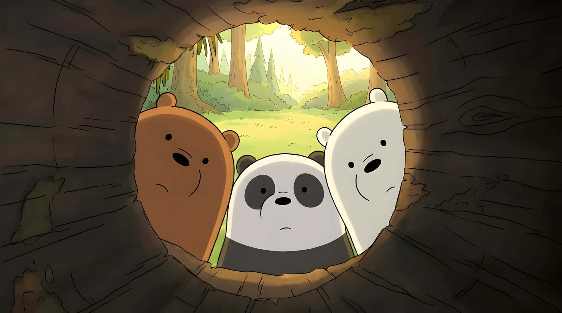 Cute We Bare Bears Peeking from Log Wallpaper 壁紙 — 三隻卡通熊好奇地從樹洞窺視陽光明媚的森林空地。
