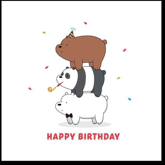 熊熊遇見你 桌布 壁紙 — 三隻卡通熊疊起來慶祝生日，有五彩紙屑和派對帽。