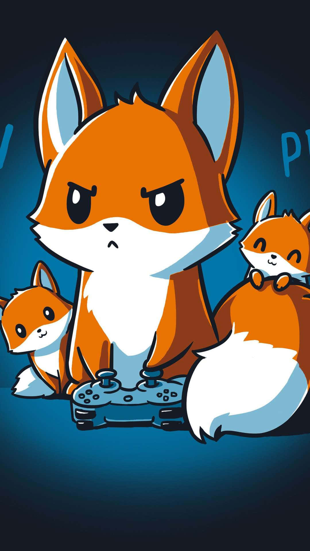 Cool Anime Fox 桌布 壁紙 — 三隻卡通狐狸帶著憤怒和快樂的表情圍繞著一個遊戲控制器，背景是深藍色。