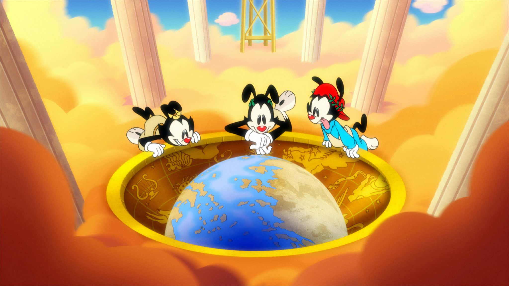 Animaniacs 桌布 壁紙 — 三隻卡通狗好奇地從金色邊緣窺視一個漂浮在雲層密佈的天空中的藍色地球儀，天空由柱子框住。